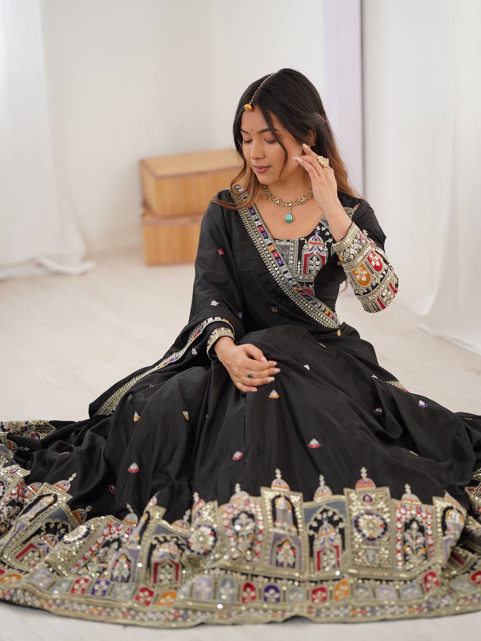Jet Black French Crepe Multi-Thread & Sequin Embroidered Lehenga Choli Set