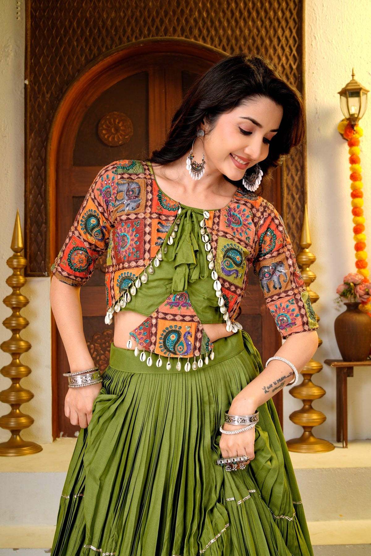 Olive Green Pure Cotton Big Flare Crushed Lehenga with Printed Jacket Blouse & Ribbon Lace Work