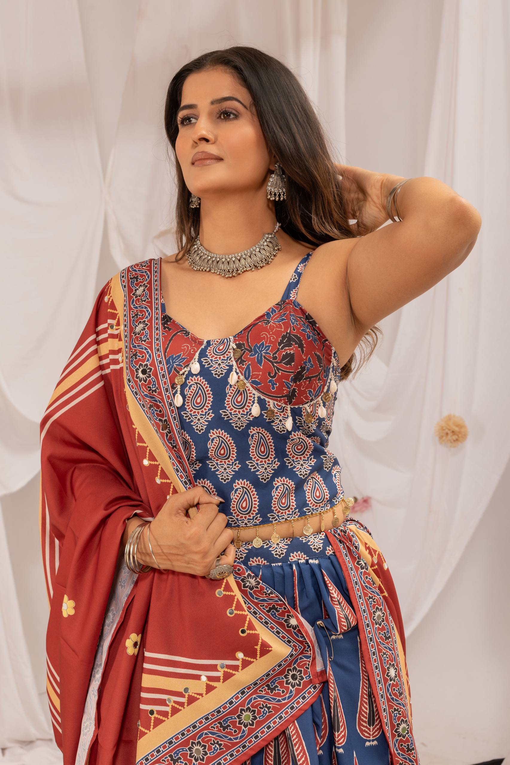 Navy Blue & Maroon Natural Crepe Digital Ajrakh Print Navratri Lehenga Choli with Real Mirror Work