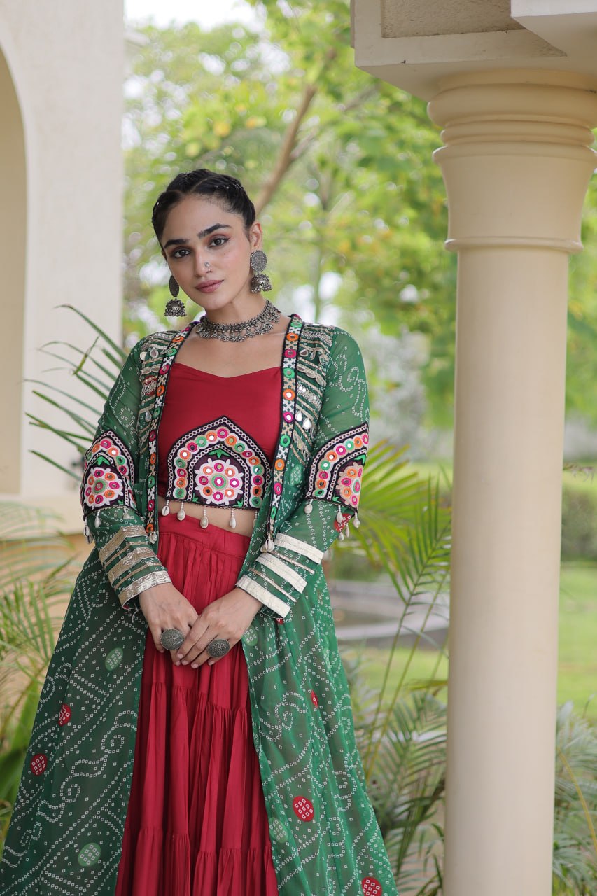 Maroon Red Rayon Tiered Frill Navratri Lehenga Choli with Embroidered Crop Top & Green Bandhani Printed Shrug Jacket