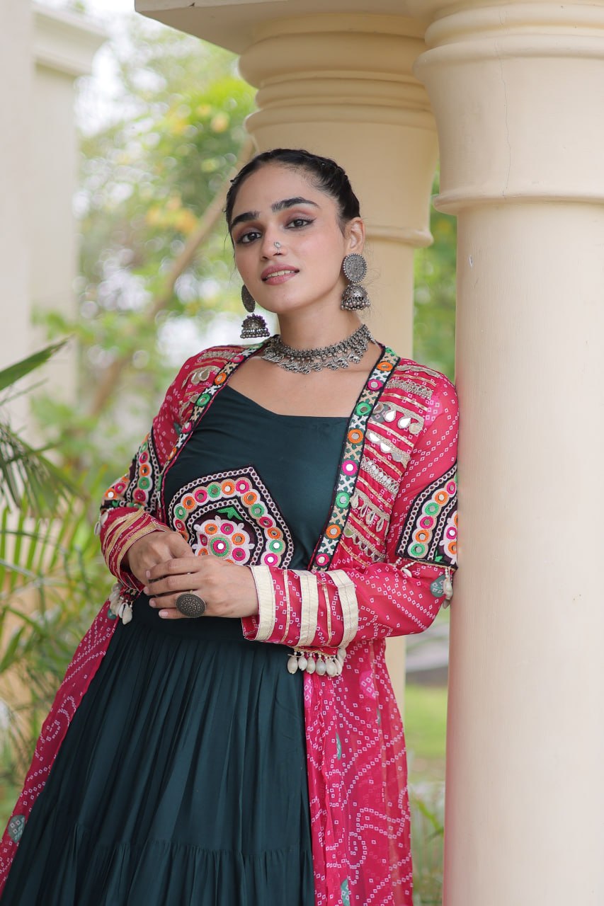 Bottle Green Rayon Tiered Frill Navratri Lehenga Choli with Embroidered Crop Top & Red Bandhani Printed Shrug Jacket