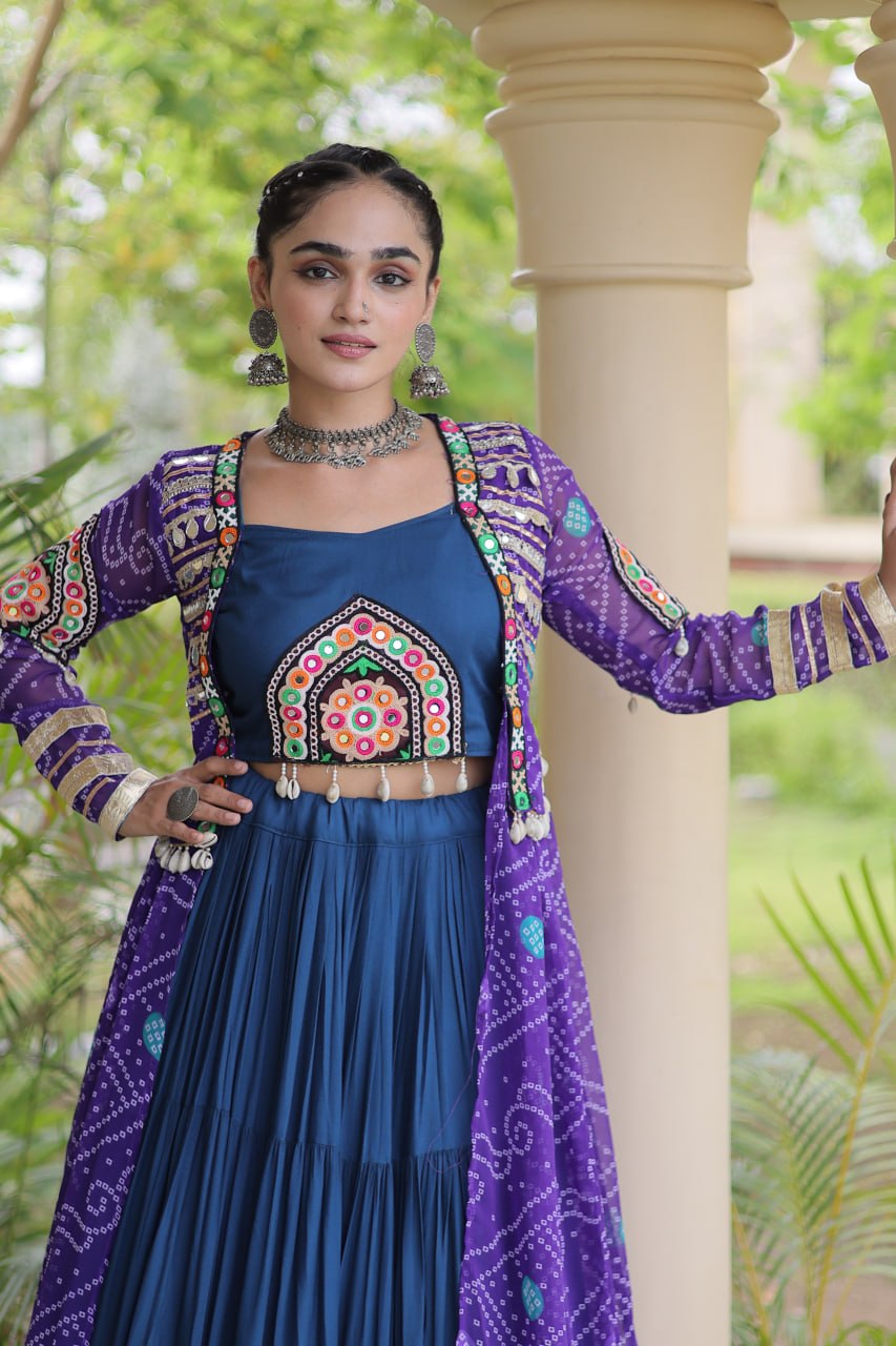 Teal Blue Rayon Tiered Frill Navratri Lehenga Choli with Embroidered Crop Top & Purple Bandhani Printed Shrug Jacket