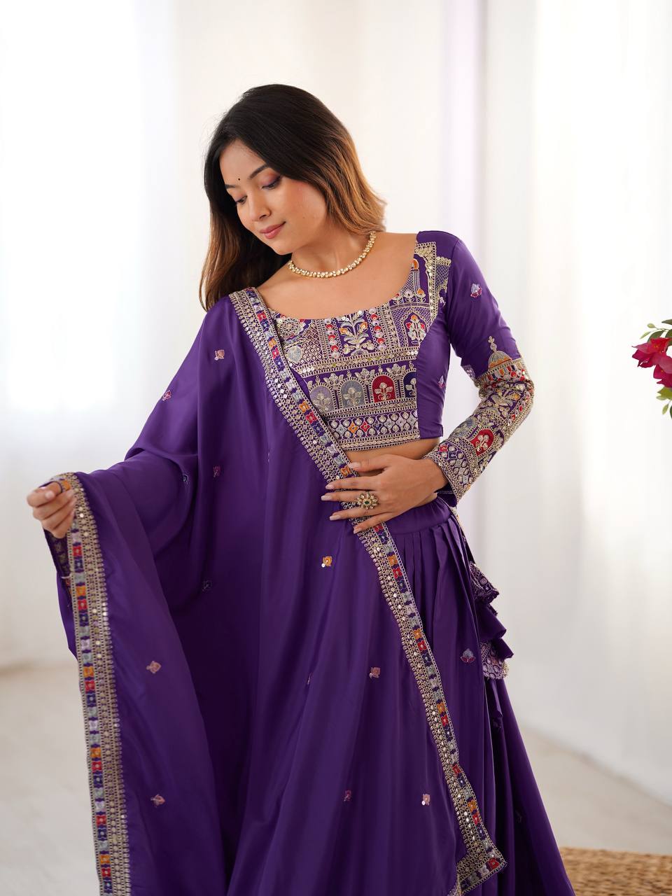 Deep Violet French Crepe Multi-Thread & Sequin Embroidered Lehenga Choli Set