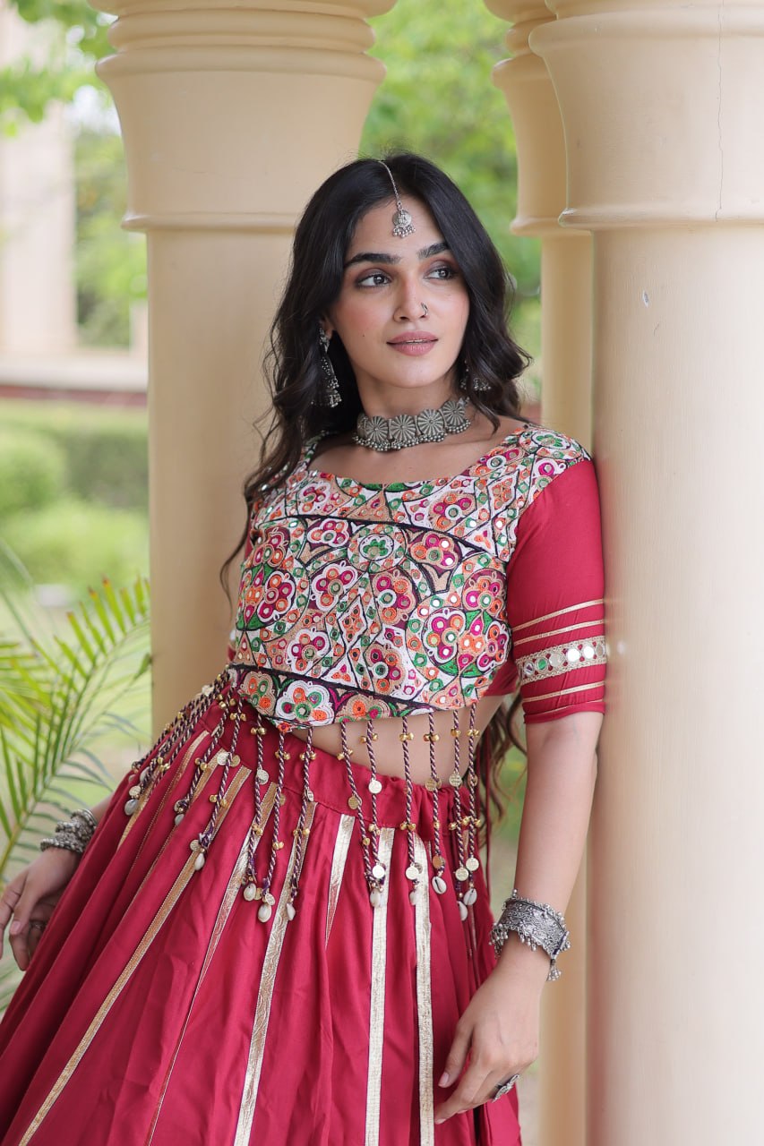 Maroon Red Rayon Double Ghera Navratri Lehenga Choli with Vertical Gota Patti Lace Work & Heavy Embroidered Choli