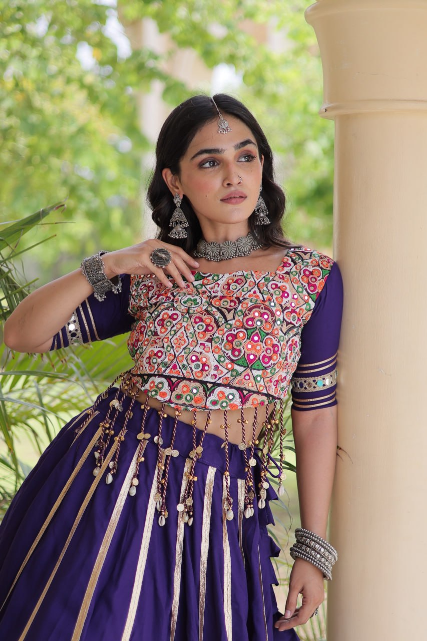 Purple Rayon Double Ghera Navratri Lehenga Choli with Vertical Gota Patti Lace Work & Heavy Embroidered Choli