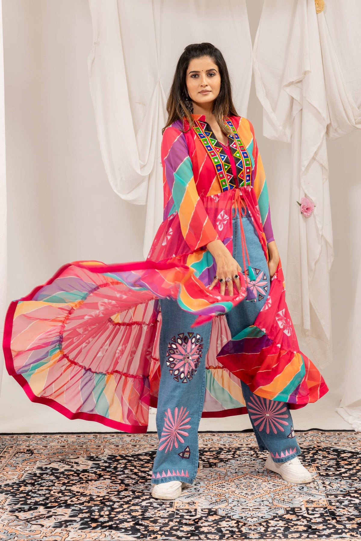 Multi-Color Leheriya Print Faux Georgette Shrug & Crop Top Set with Real Mirror Work Embroidery & Embroidered Denim Pants