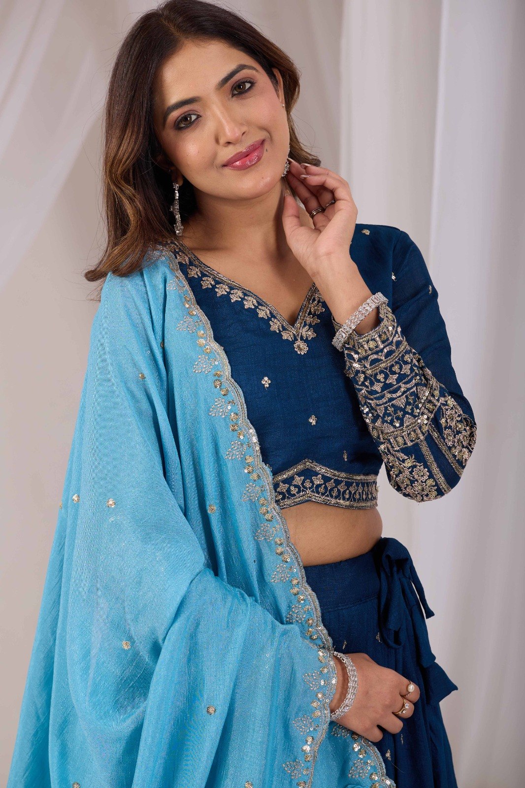 Teal Blue Vichitra Silk Sequence Embroidery Thread Work Lehenga With Sky Blue Dupatta