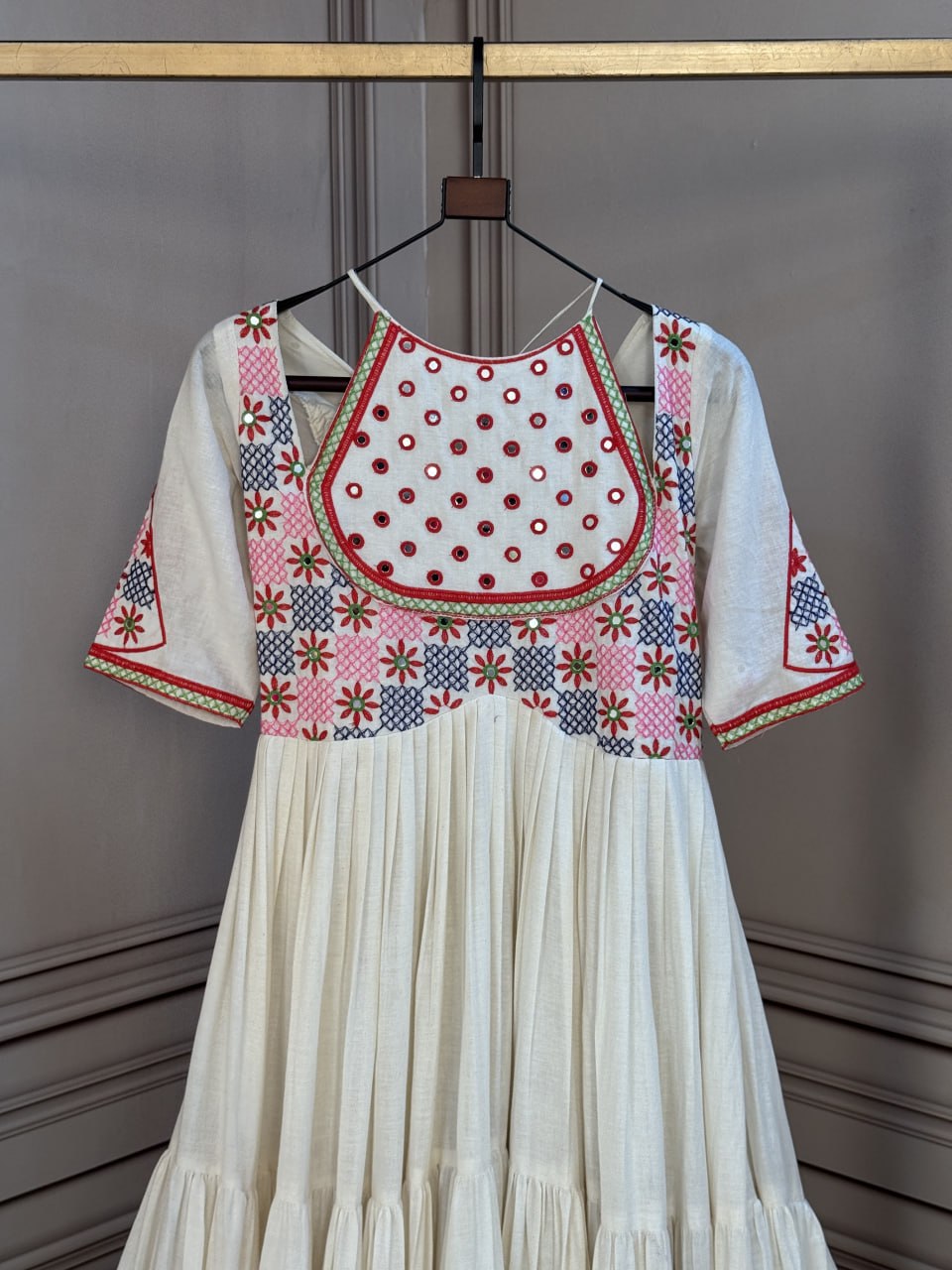 Off-White Kora Cotton Multi-Thread Embroidered & Real Mirror Work Navratri Tiered Gown