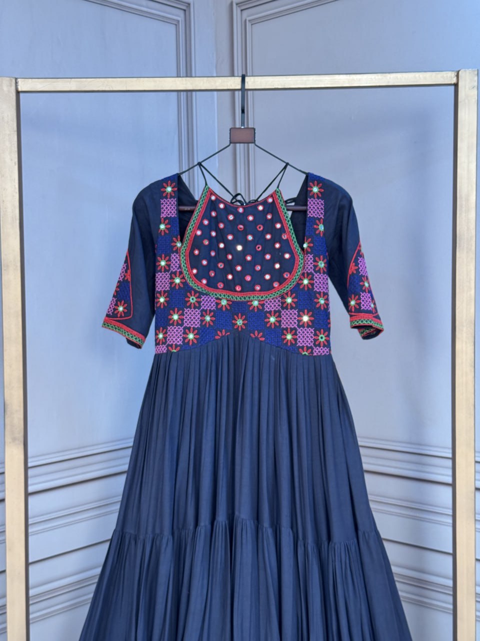 Black Kora Cotton Multi-Thread Embroidered & Real Mirror Work Navratri Tiered Gown