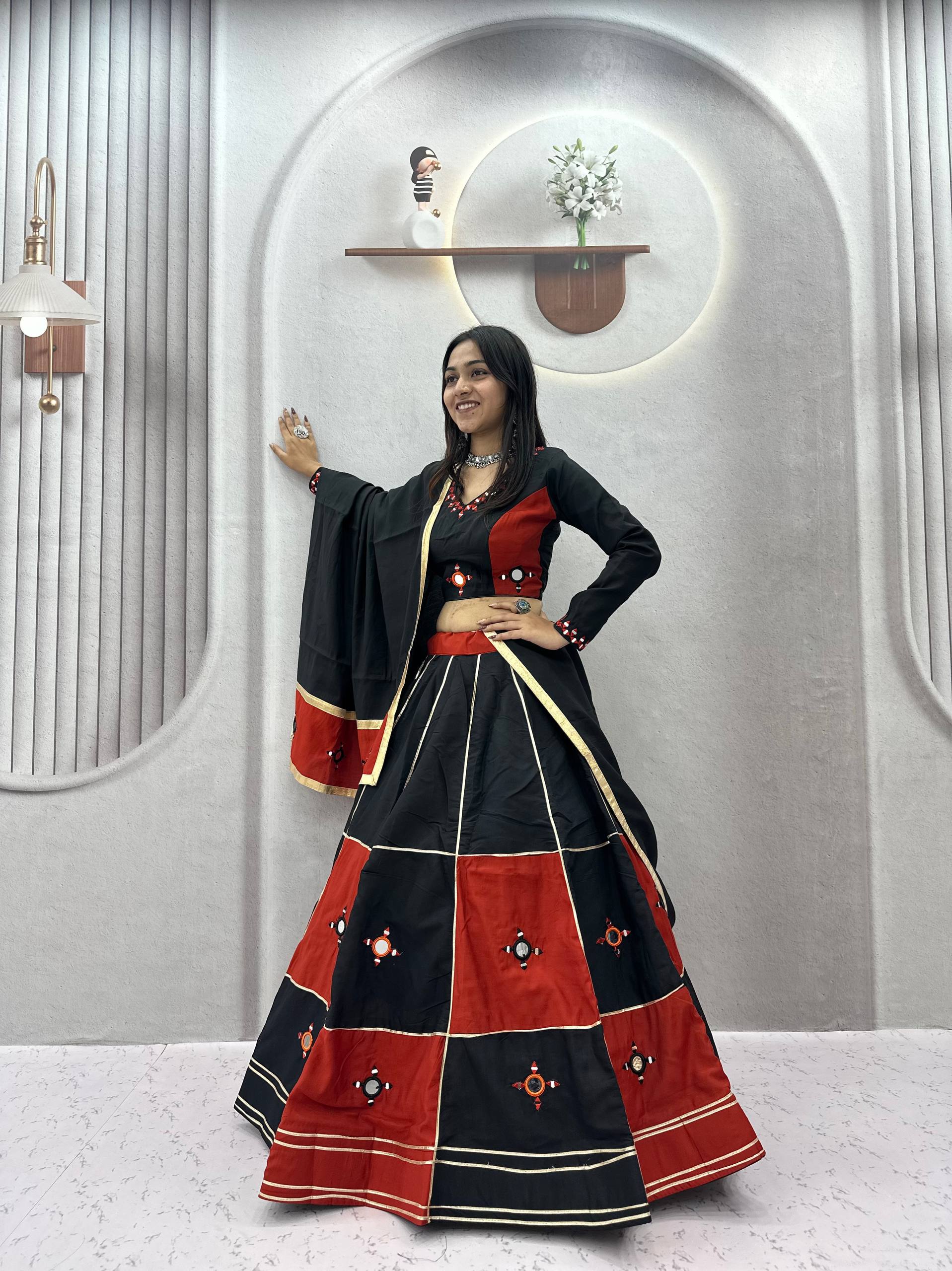 Black & Maroon Pure Cotton Heavy Hand Mirror & Gota Patti Lace Work Navratri Lehenga Choli Set