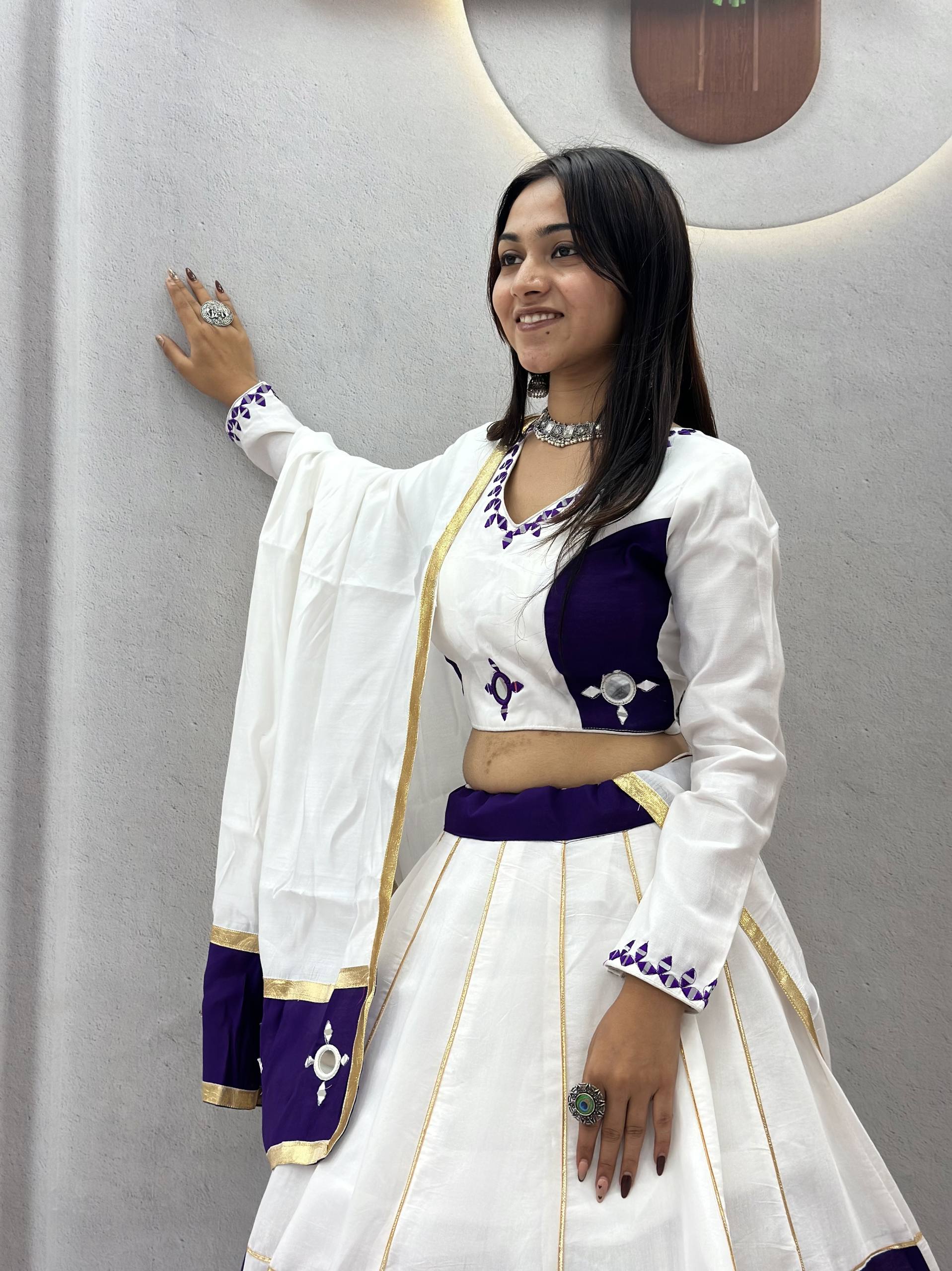 White & Purple Pure Cotton Heavy Hand Mirror & Gota Patti Lace Work Navratri Lehenga Choli Set