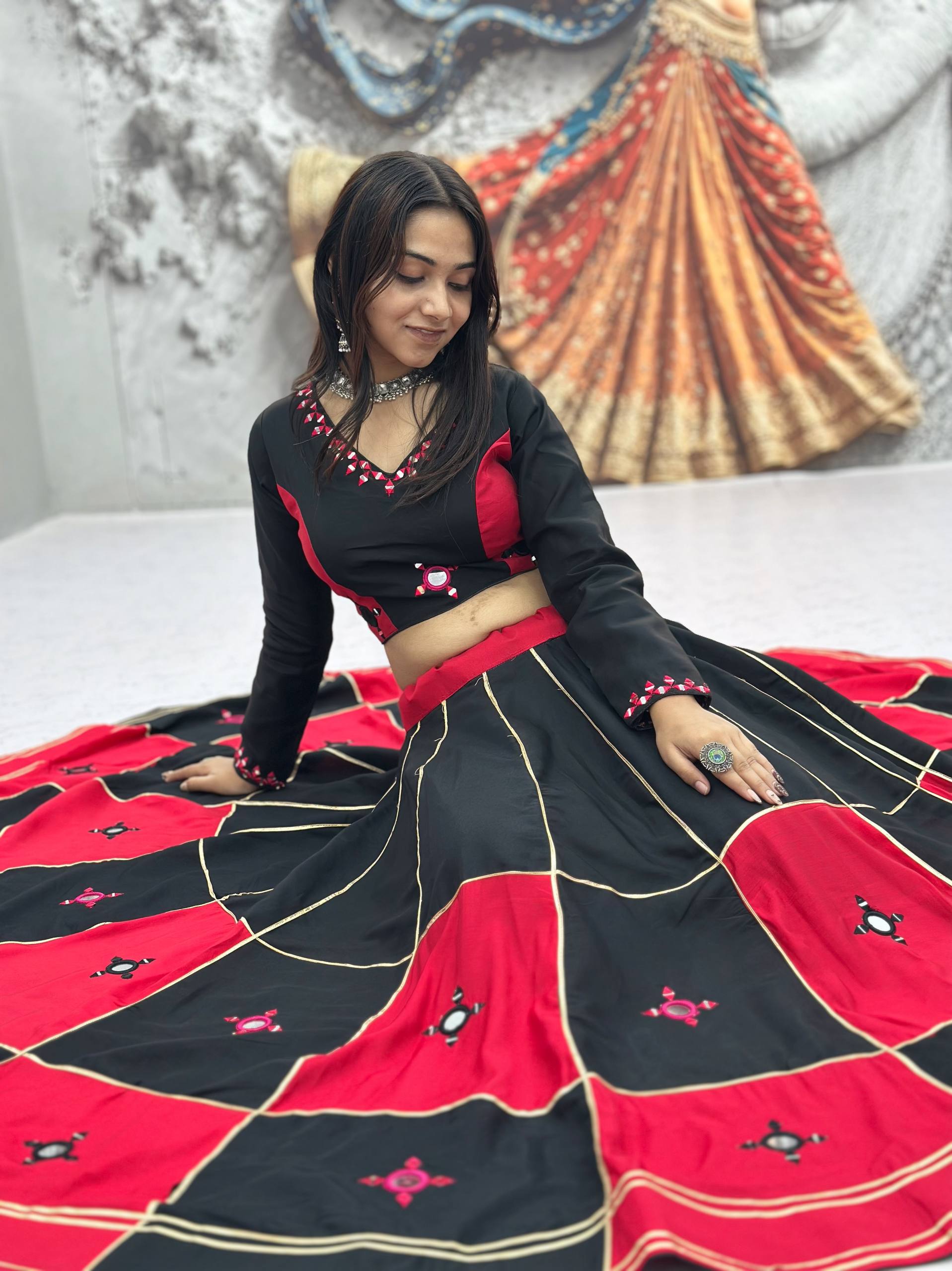 Black & Pink Pure Cotton Heavy Hand Mirror & Gota Patti Lace Work Navratri Lehenga Choli Set