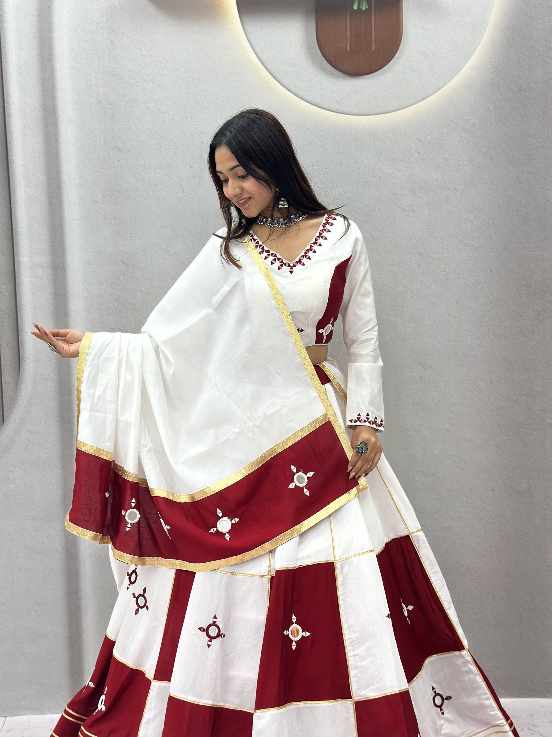White & Maroon Pure Cotton Heavy Hand Mirror & Gota Patti Lace Work Navratri Lehenga Choli Set