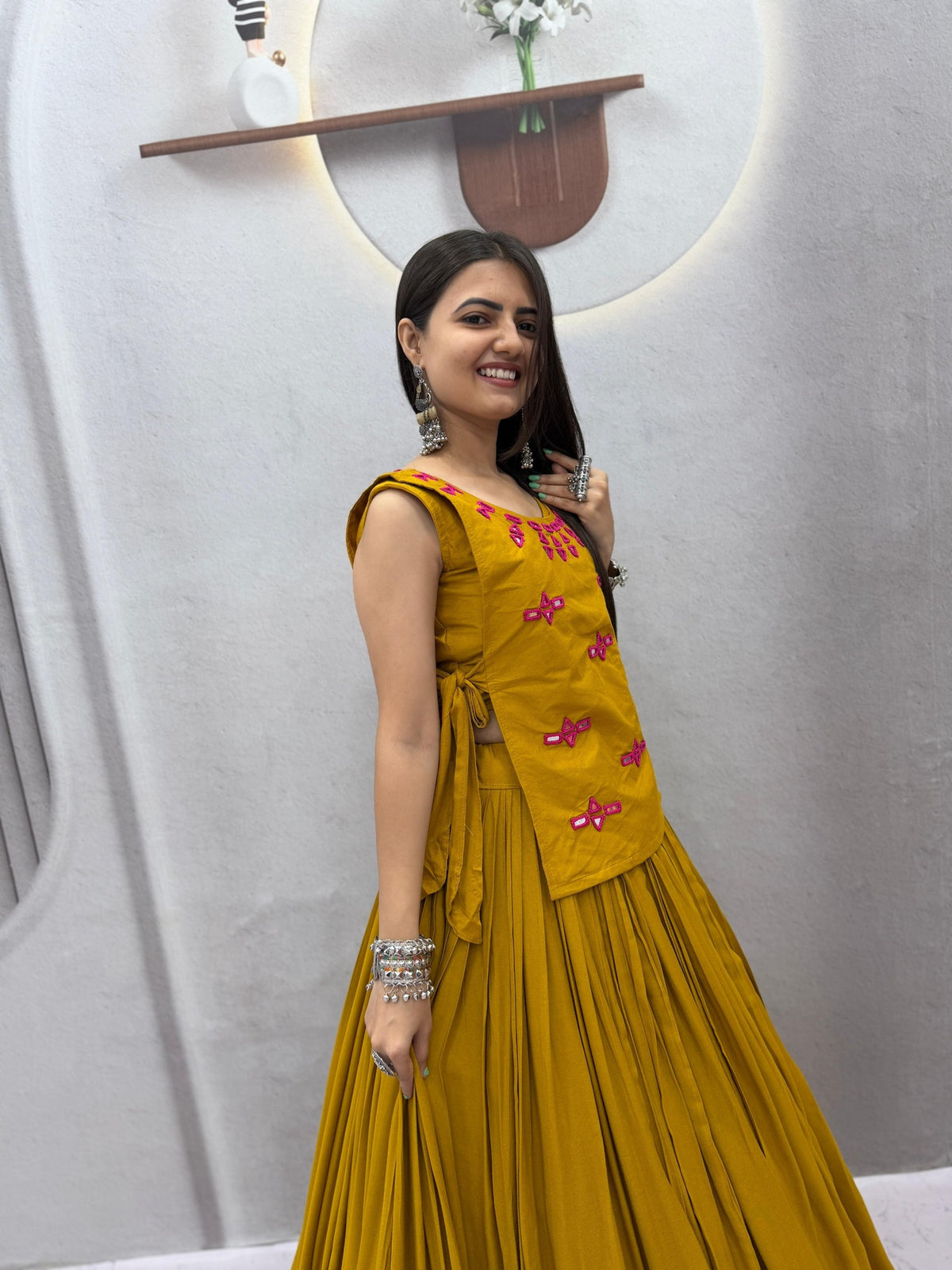 Mustard Yellow Rayon Cotton Real Mirror Work Handwork Navratri Lehenga Choli with Sleeveless Kurti Top