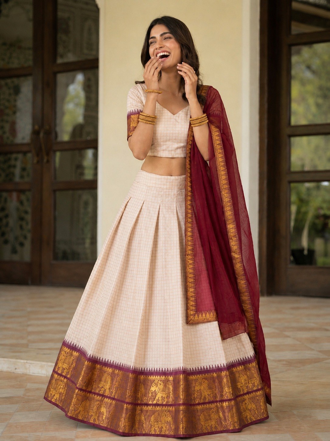 Cream & Maroon Poly Cotton Chex With Zari Weaving Work Lehenga Choli Set
