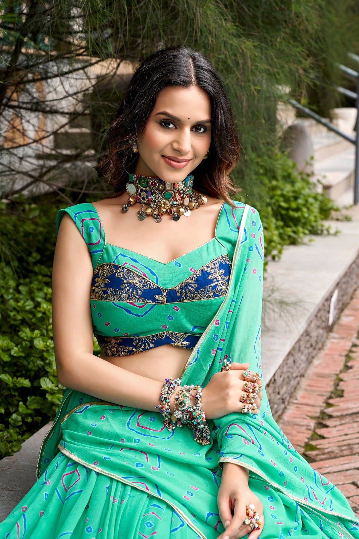 Sea Green Bandhani Print Navratri Lehenga Choli Set with Contrast Blue Embroidered Blouse & Canvas Stitching