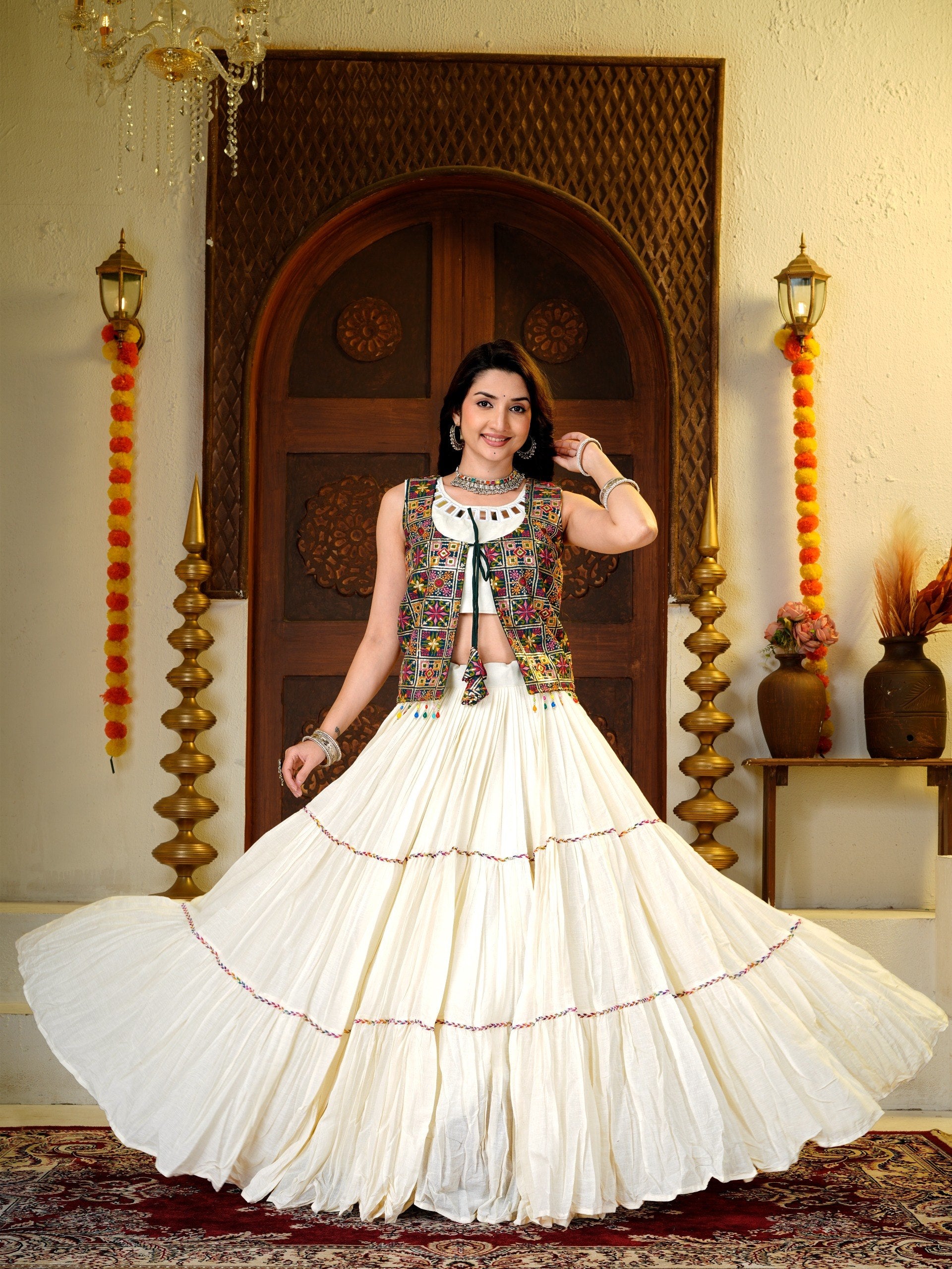 Off-White Kora Cotton Tiered Lehenga Choli With Embroidered Koti Jacket & Mirror Lace Work