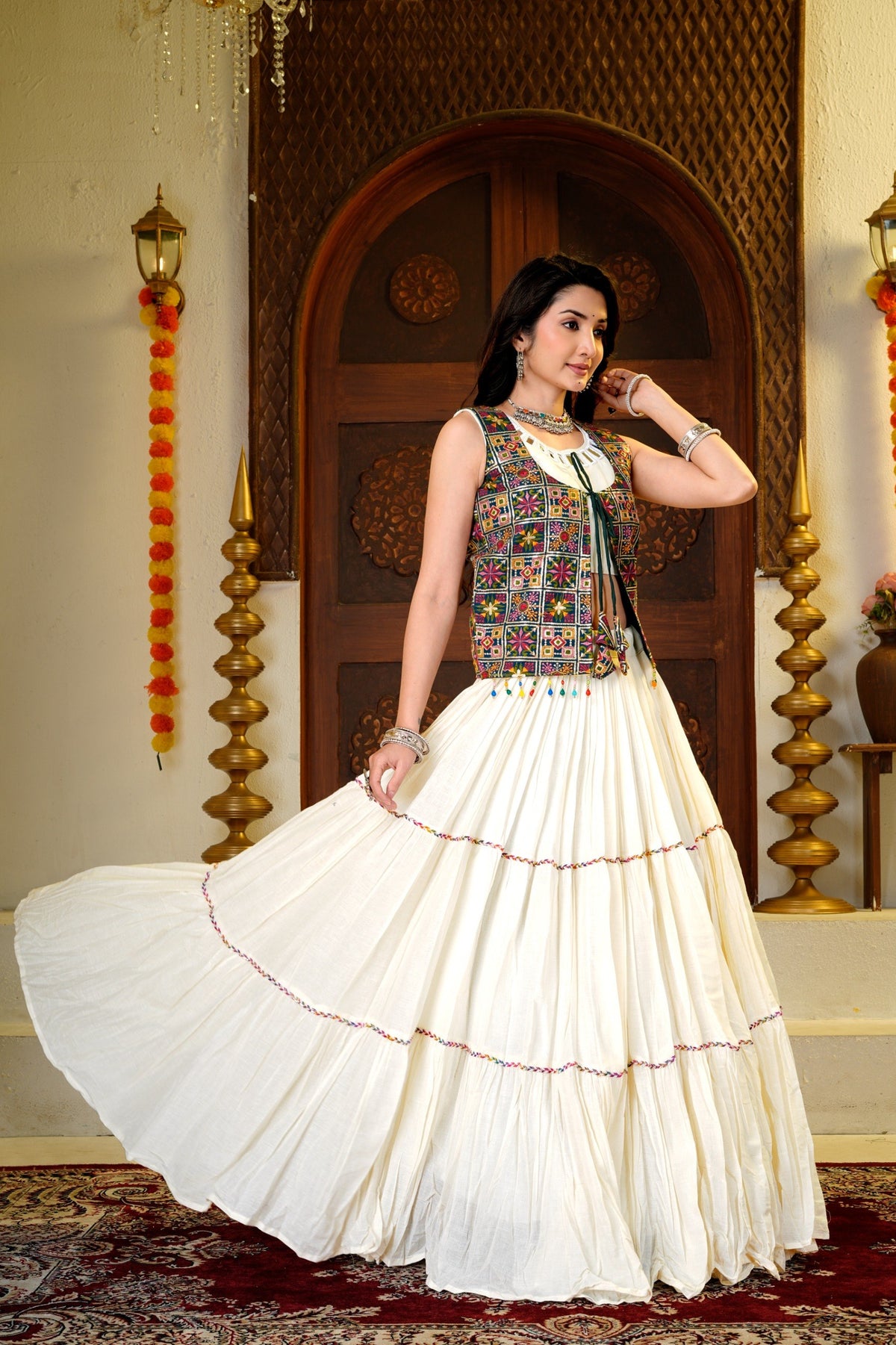 Off-White Kora Cotton Real Mirror Handwork Tiered Lehenga Choli Set with Embroidered Jacket