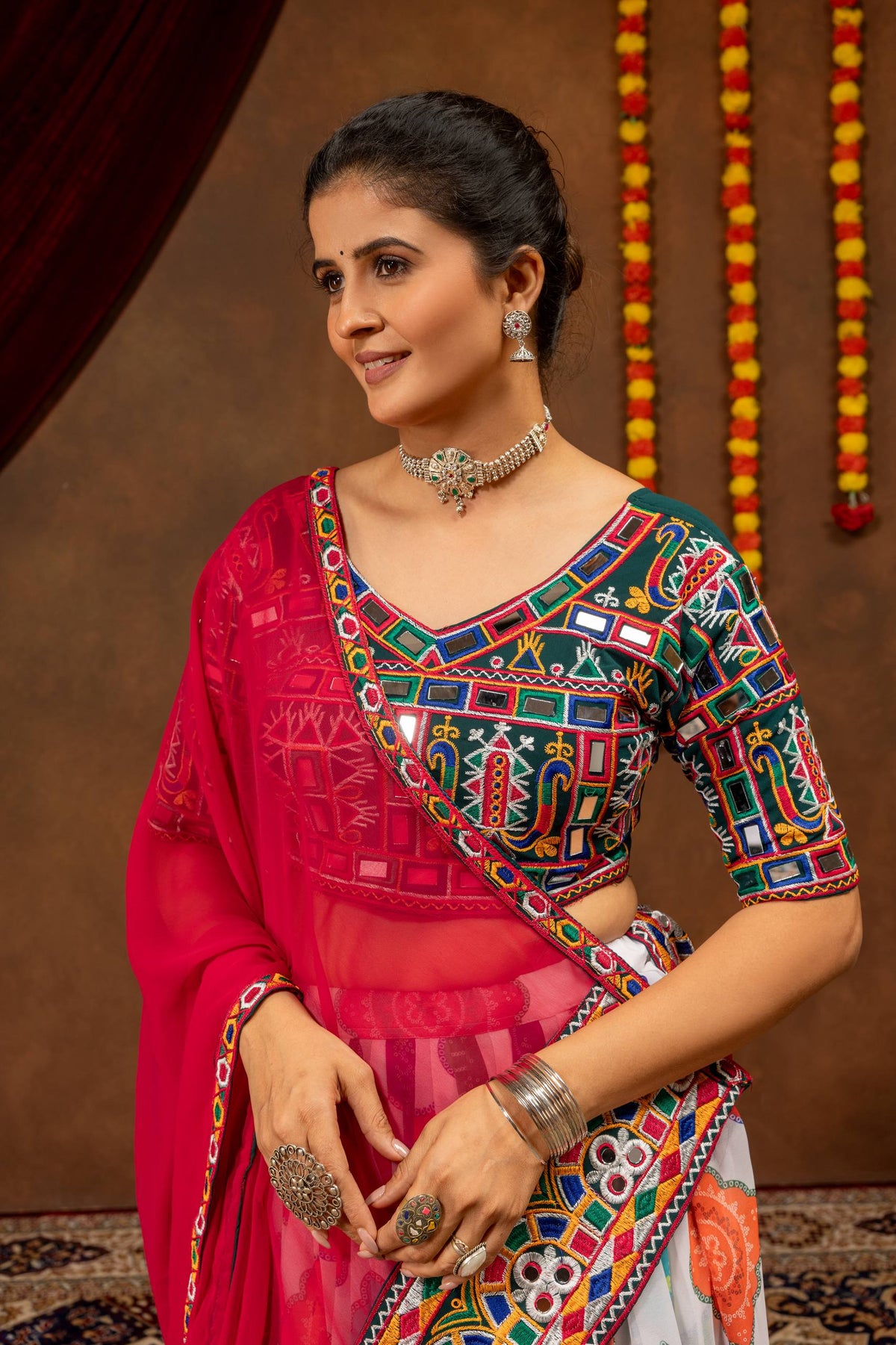Multicolor Printed Faux Georgette Micro Cotton Inner Heavy Embroidery Work Navratri Lehenga Choli Set