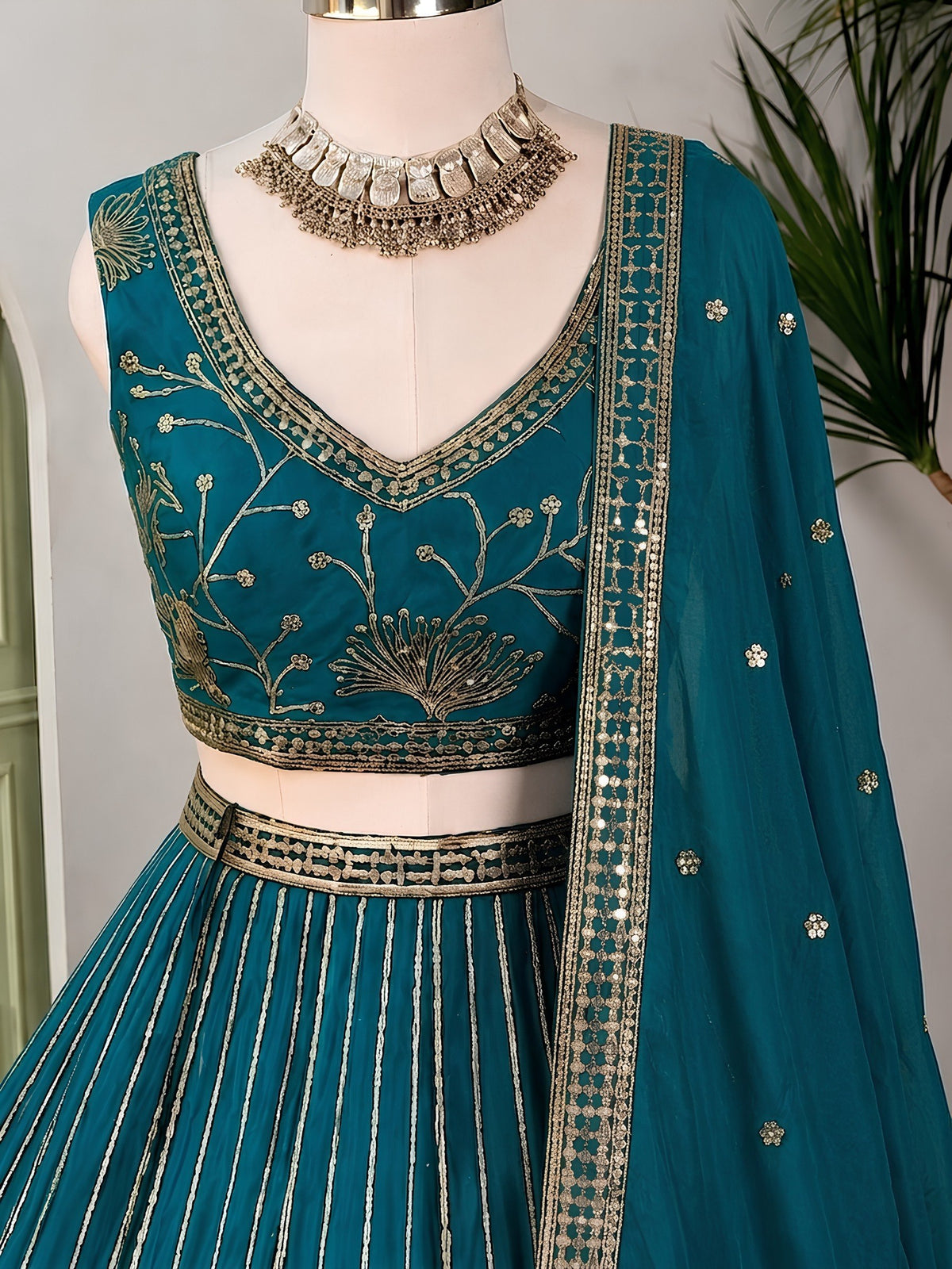 Teal Green Star Georgette Zari & Sequins Embroidery Work Lehenga Choli Set