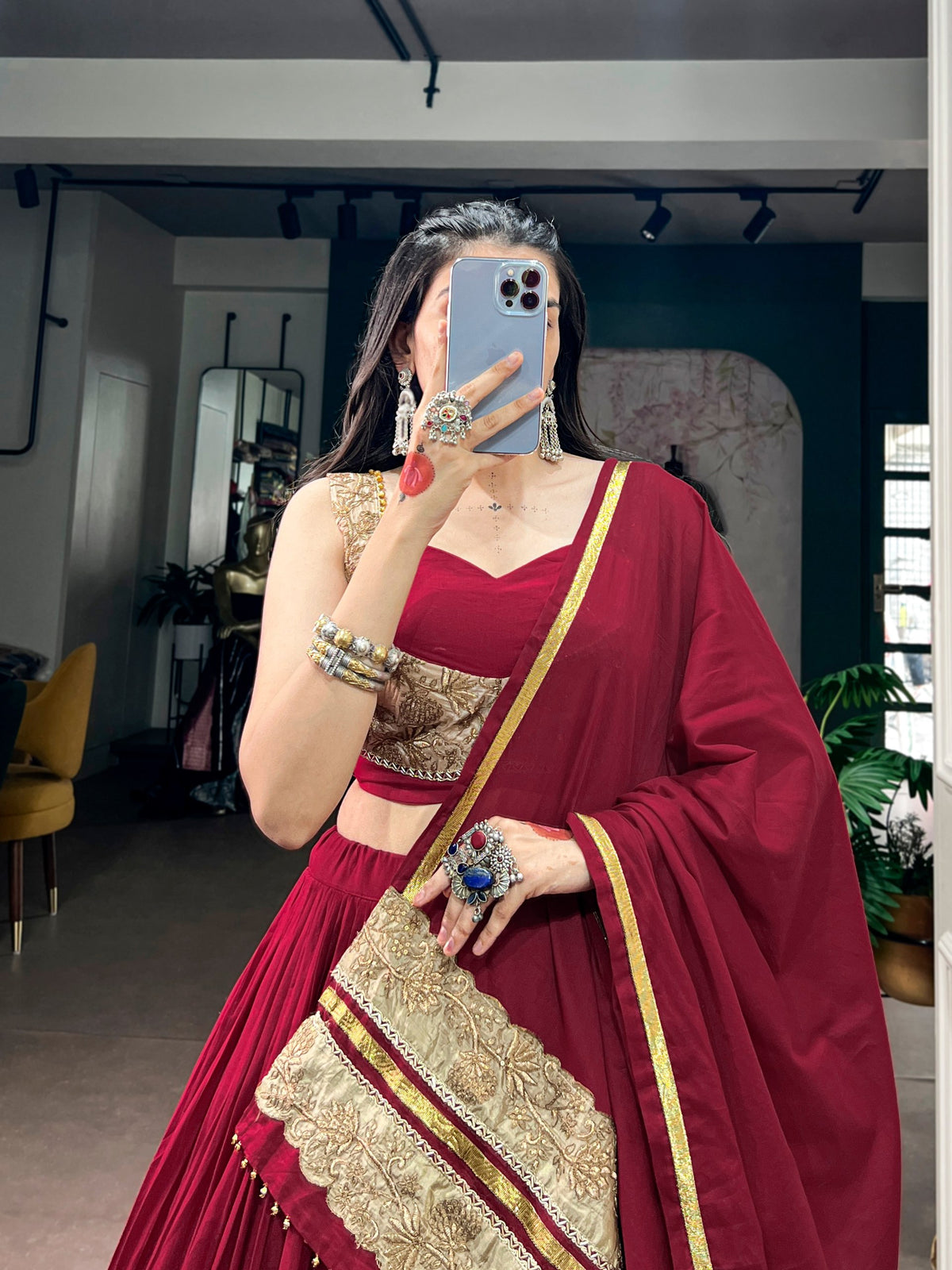 Maroon Thread Embroidery Work Navratri Lehenga Choli With Canvas & Embossed Lace Dupatta