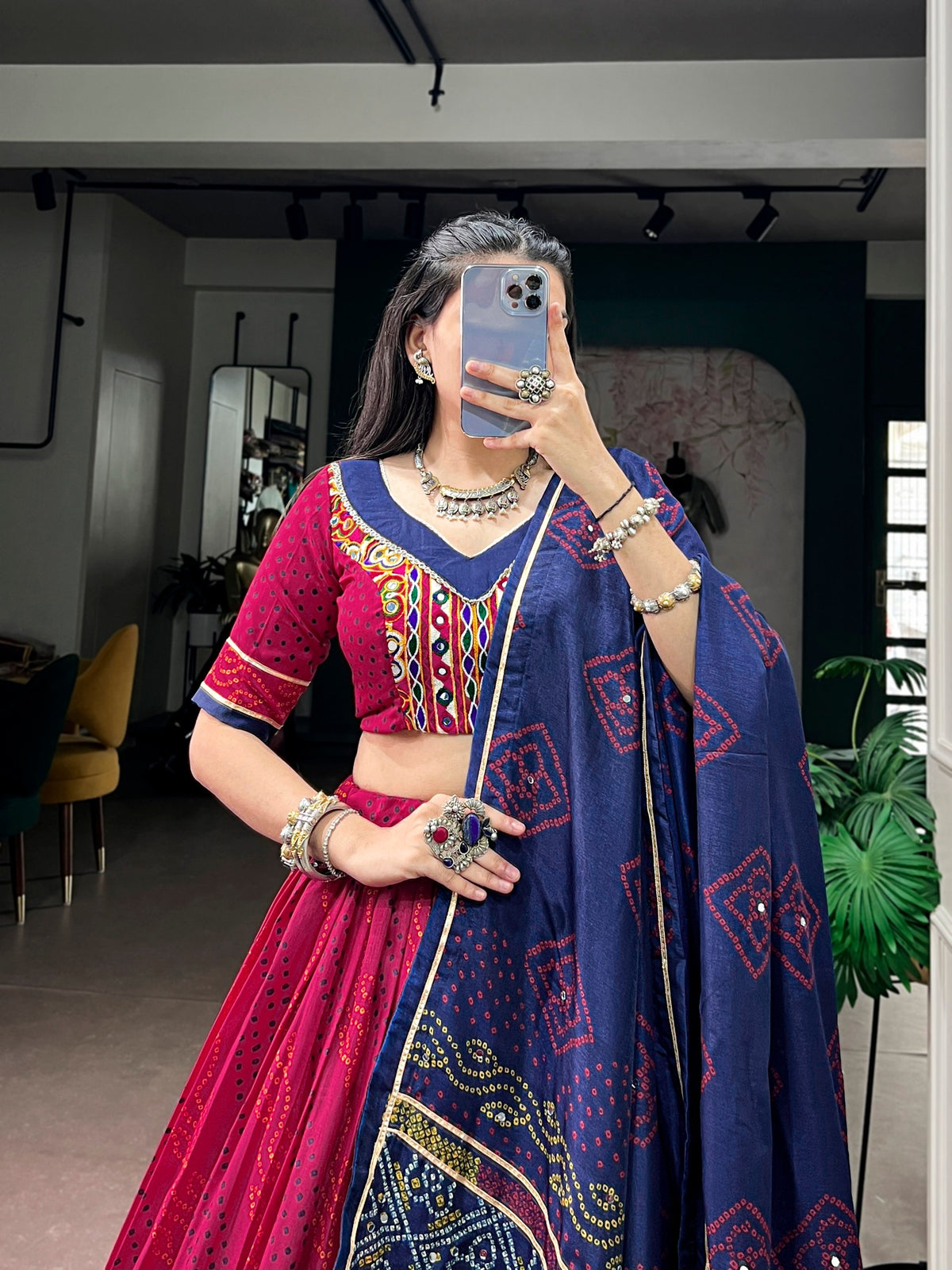 Rani Pink & Navy Blue Tasar Silk Traditional Bandhej Print Navratri Lehenga Choli With Canvas Lining