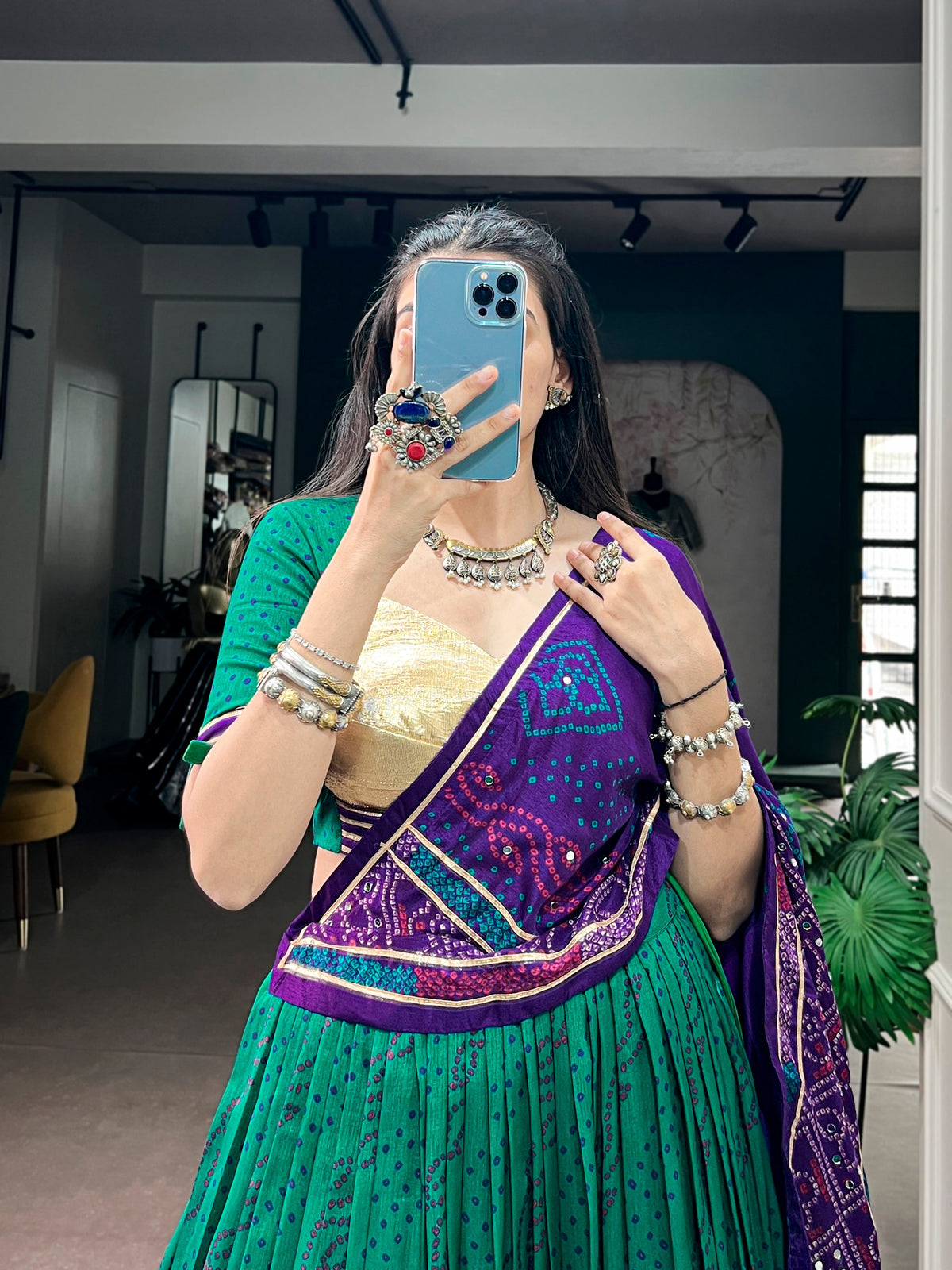Peacock Green & Purple Tasar Silk Traditional Bandhej Print Navratri Lehenga Choli With Canvas Lining