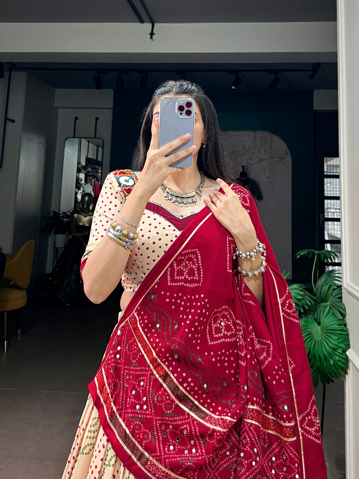 Cream & Maroon Tasar Silk Traditional Bandhej Print Navratri Lehenga Choli With Canvas Lining