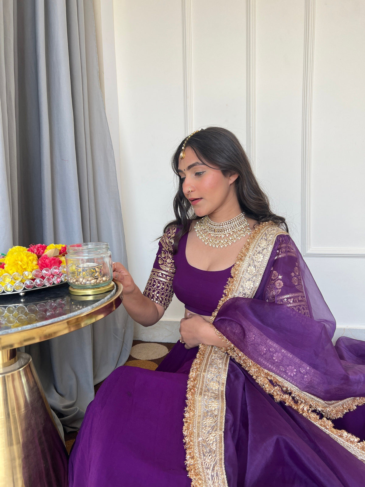 Purple Faux Georgette Embroidered Lehenga Choli With Zari & Sequins Border Work