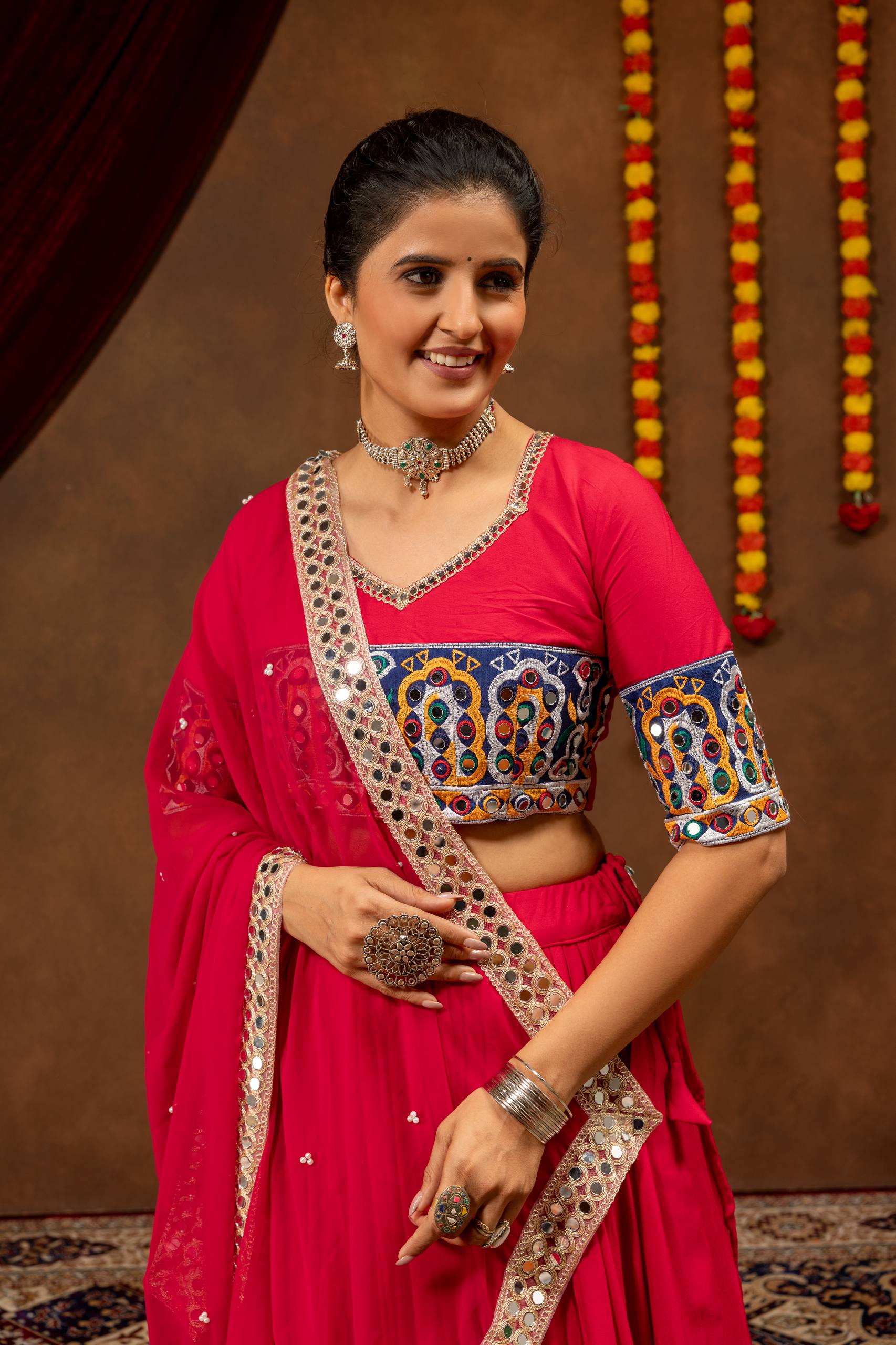Rani Pink & Royal Blue Rayon Cotton Pearl Moti & Mirror Work Navratri Lehenga Choli