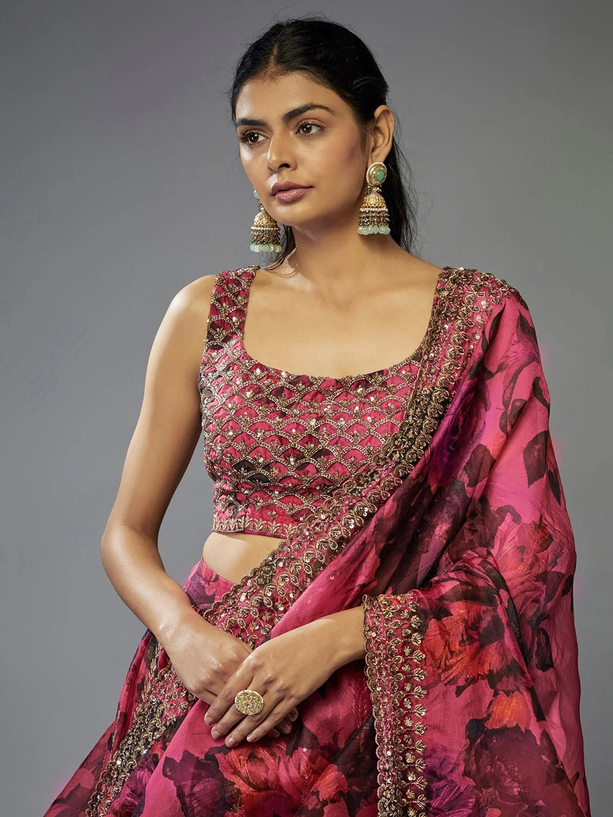 Magenta Pink Floral Organza Printed Lehenga Choli With Heavy Zari, Sequins & Embroidery Work