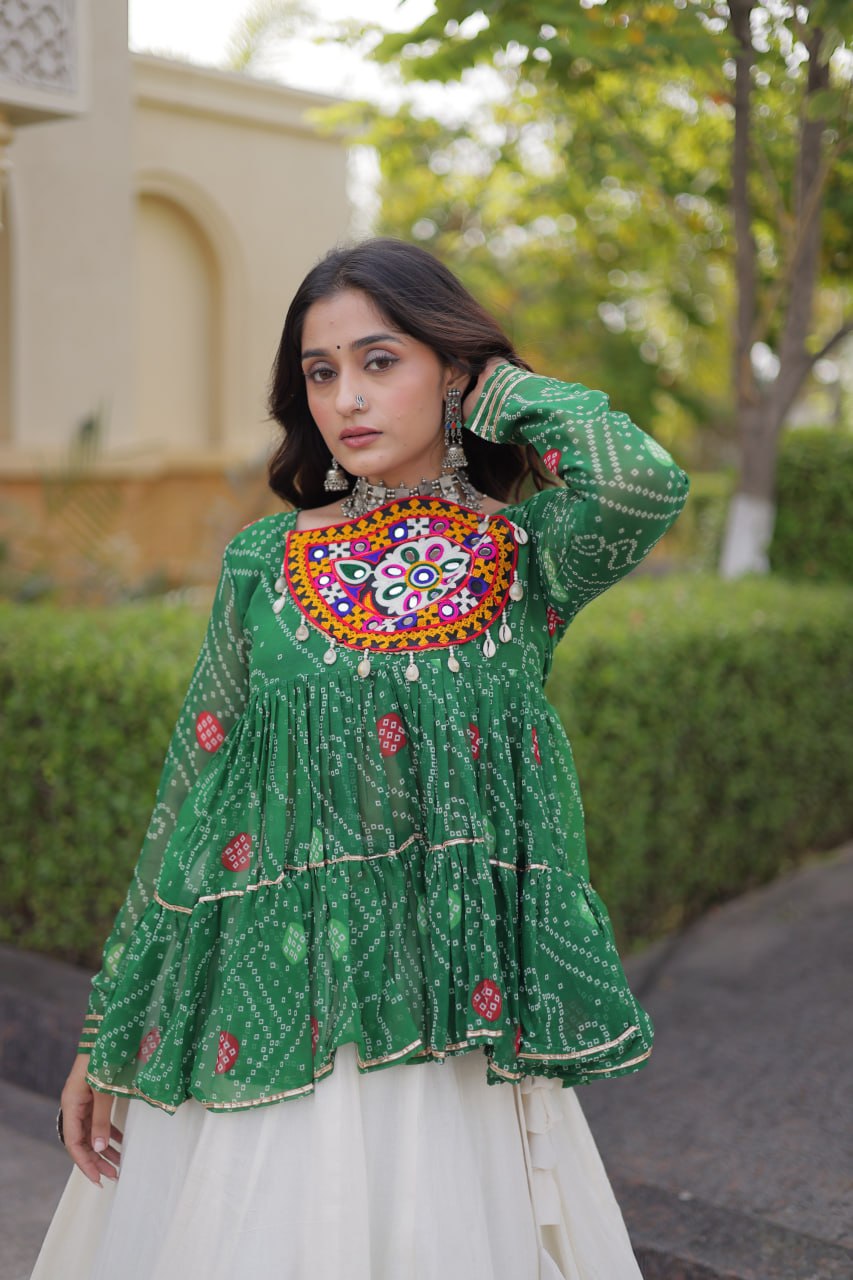 Green Bandhani Peplum Choli & Off-White Kora Cotton Navratri Lehenga Set With Gota Lace