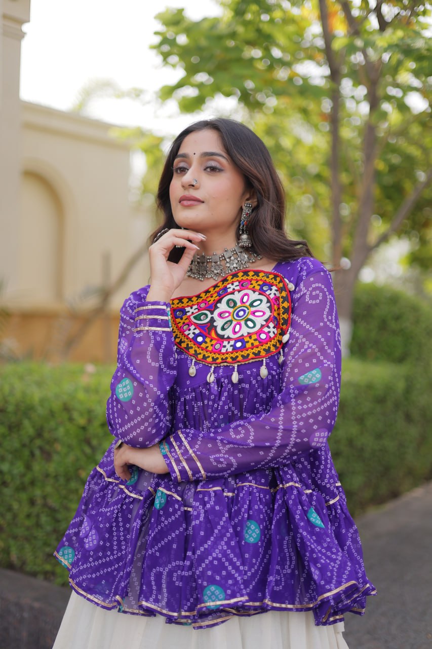 Purple Bandhani Peplum Choli & Off-White Kora Cotton Navratri Lehenga Set With Gota Lace