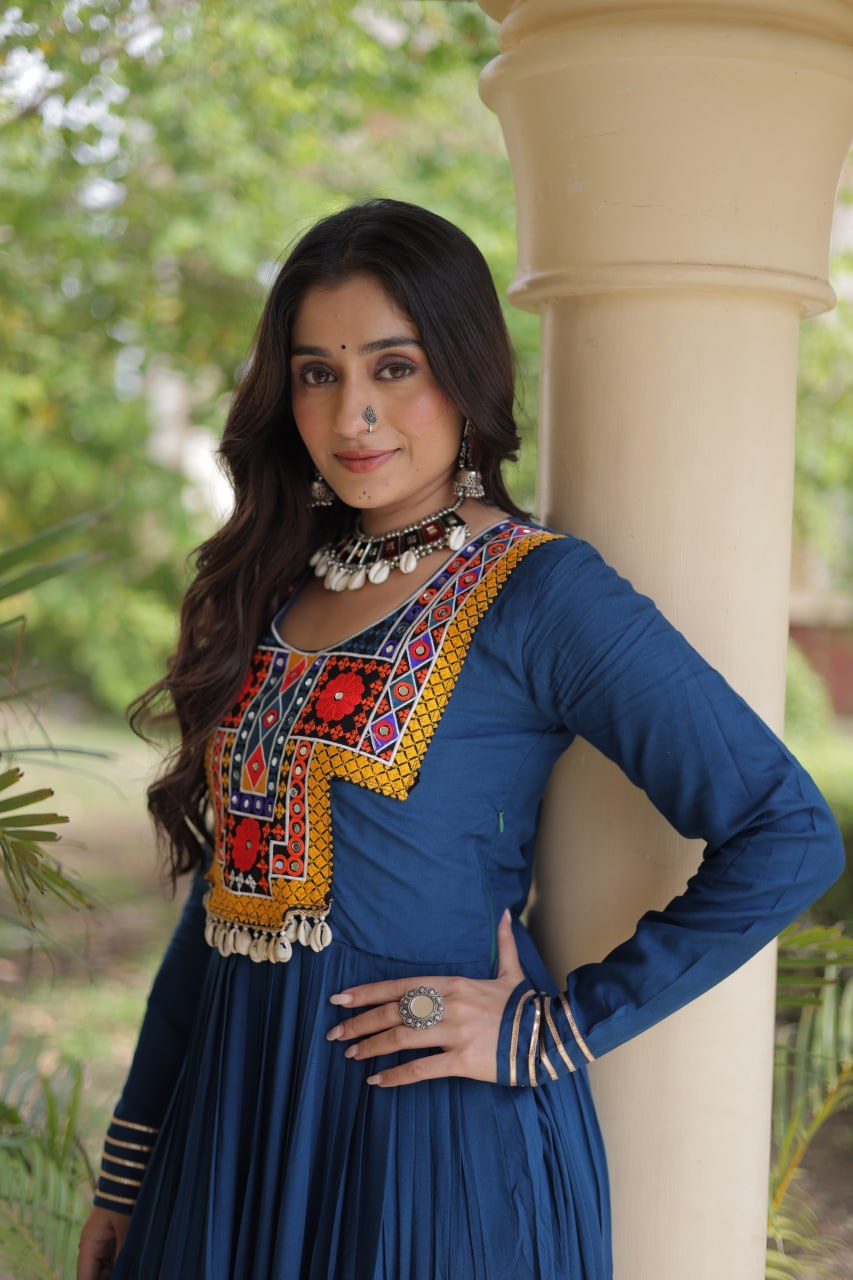 Navy Blue Rayon Anarkali Kurti With Kutchi Gamthi Embroidery, Mirror Work & Kodi Shell Lace