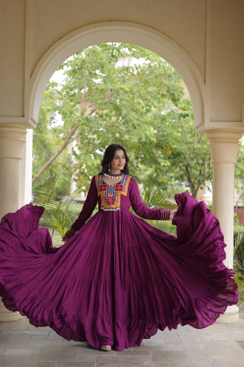 Purple Rayon Anarkali Kurti With Kutchi Gamthi Embroidery, Mirror Work & Kodi Shell Lace