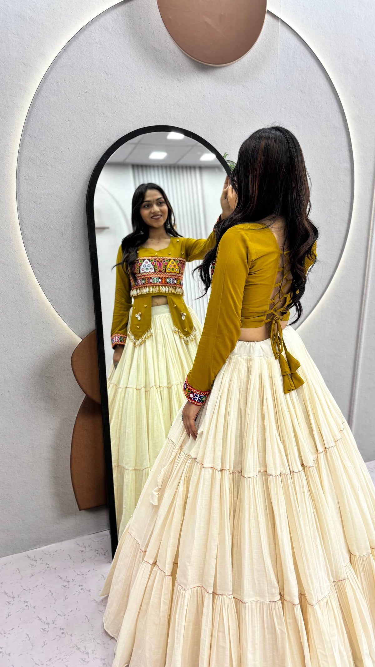 Mehendi Green Embroidered Jacket Choli & Off-White Pure Cotton Navratri Lehenga Set With Real Kodi Work