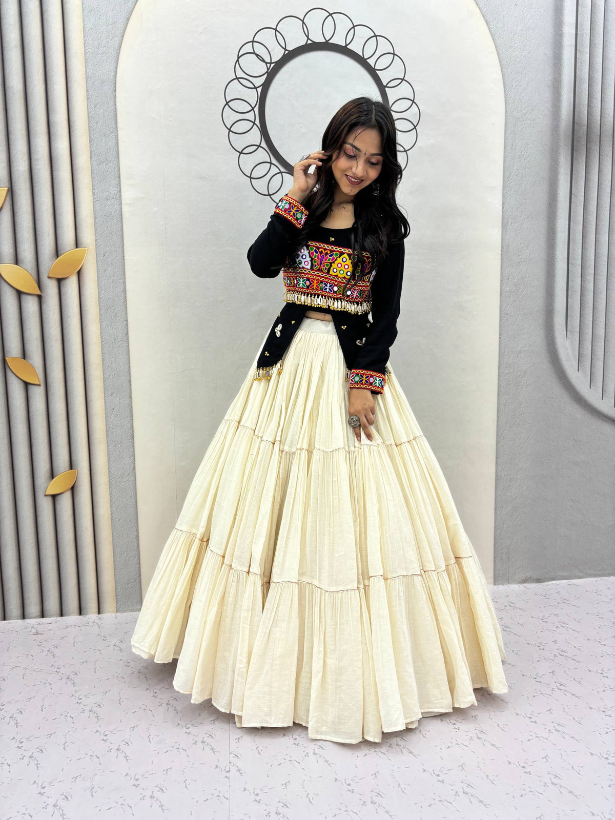 Black Embroidered Jacket Choli & Off-White Pure Cotton Navratri Lehenga Set With Real Kodi Work