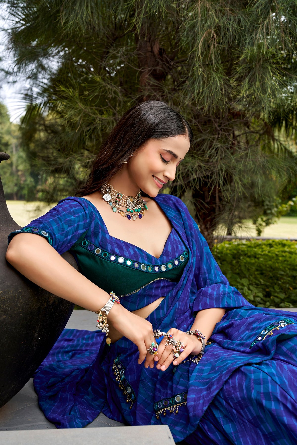 Royal Blue Georgette Navratri Lehenga Choli Set With Thread Embroidery & Mirror Work