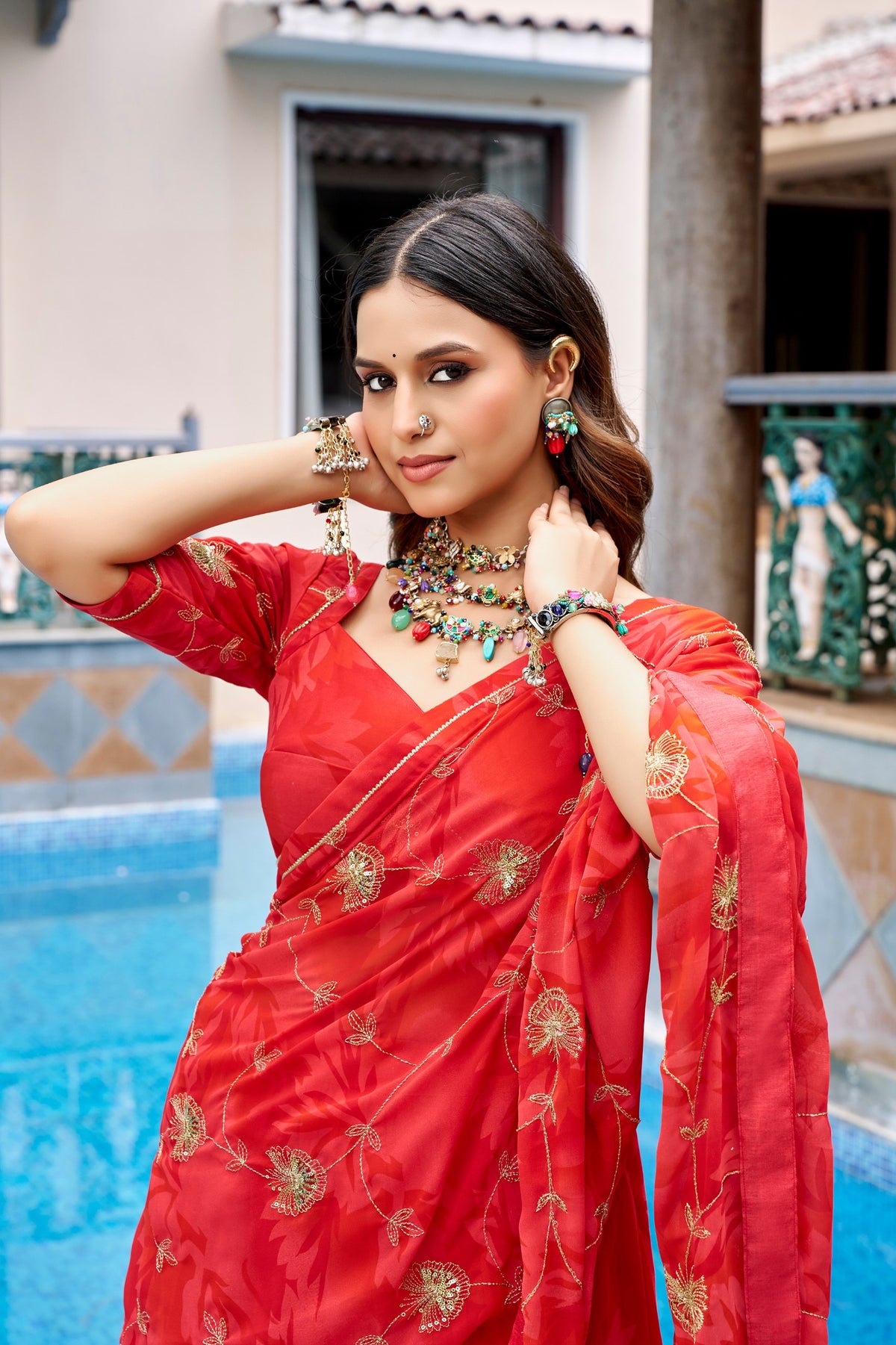Red Georgette Navratri Lehenga Choli Set With Thread Embroidery & Mirror Work Dupatta