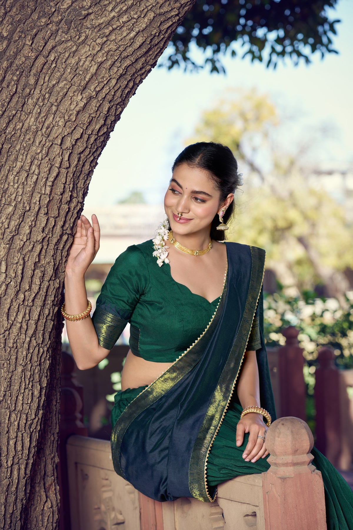 Dark Green & Grey Poly Cotton Lehenga Choli Set With Zari Woven Border & Micro Crepe Inner