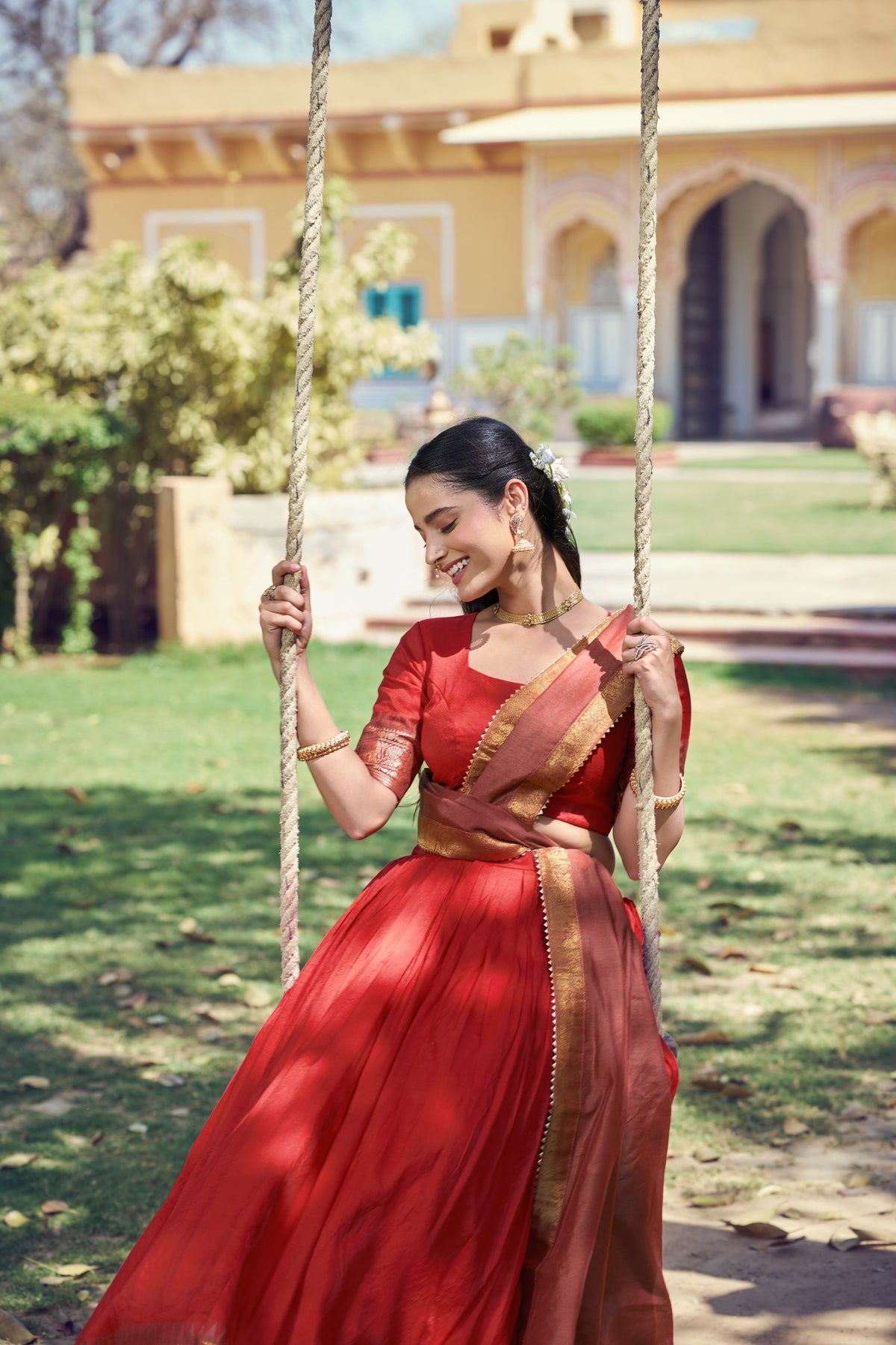 Red & Copper Poly Cotton Lehenga Choli Set With Zari Woven Border & Micro Crepe Inner