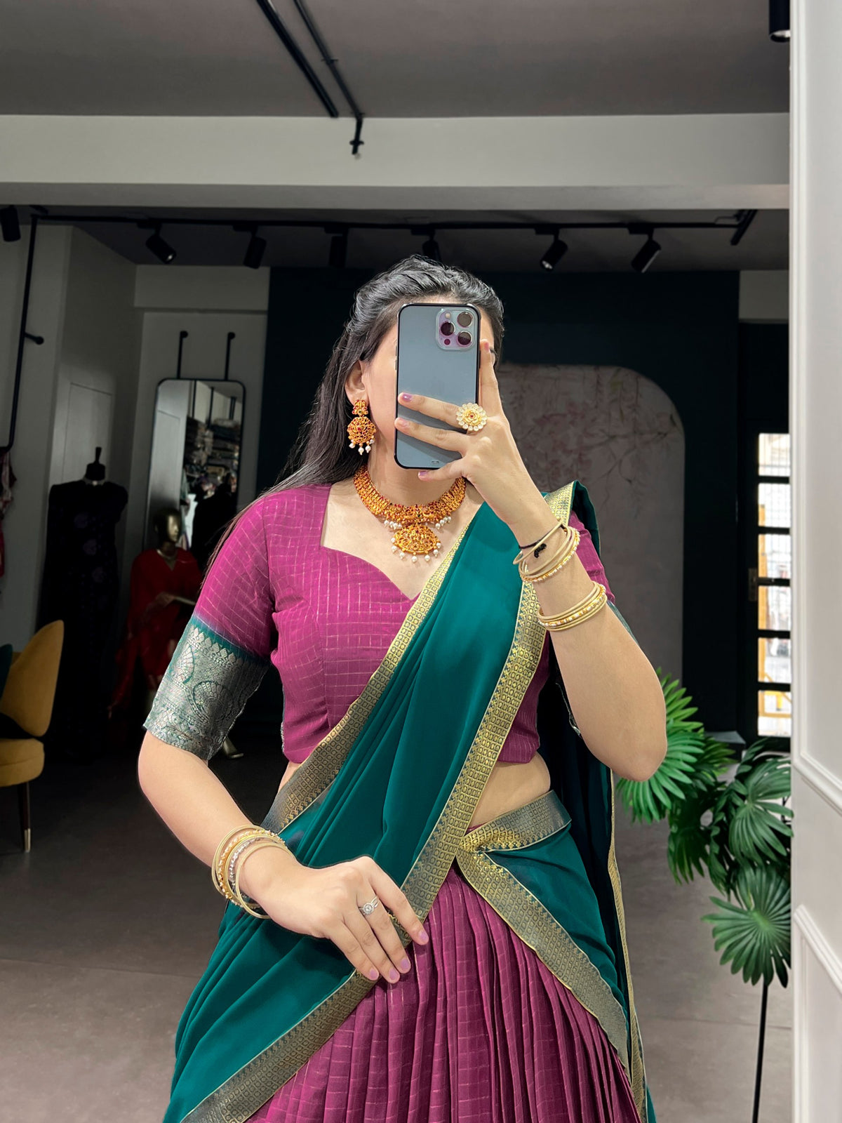 Magenta Pink & Teal Green Dola Chex Silk Lehenga Choli Set With Zari Weaving Work