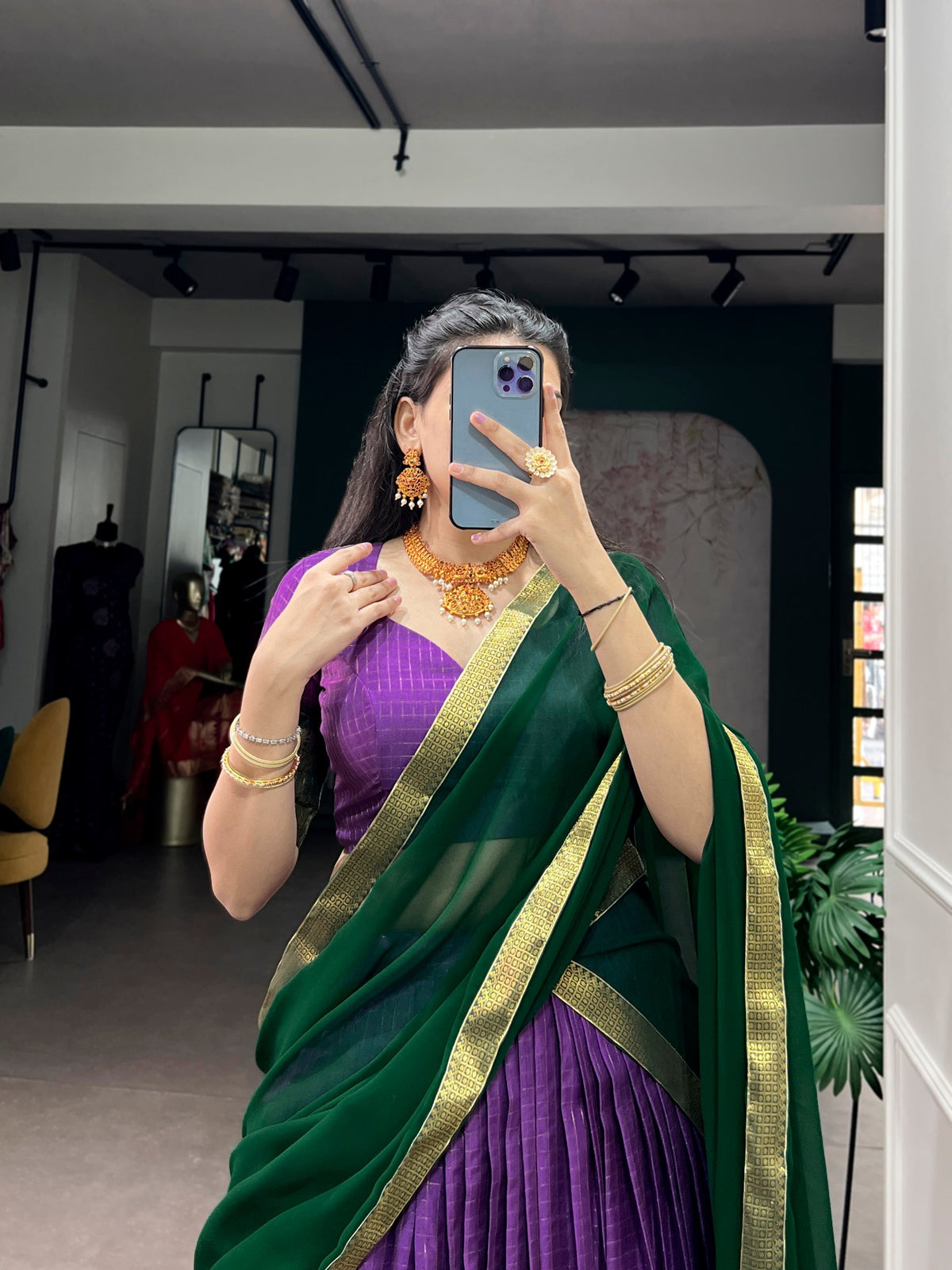 Purple & Dark Green Dola Chex Silk Lehenga Choli Set With Zari Weaving Work
