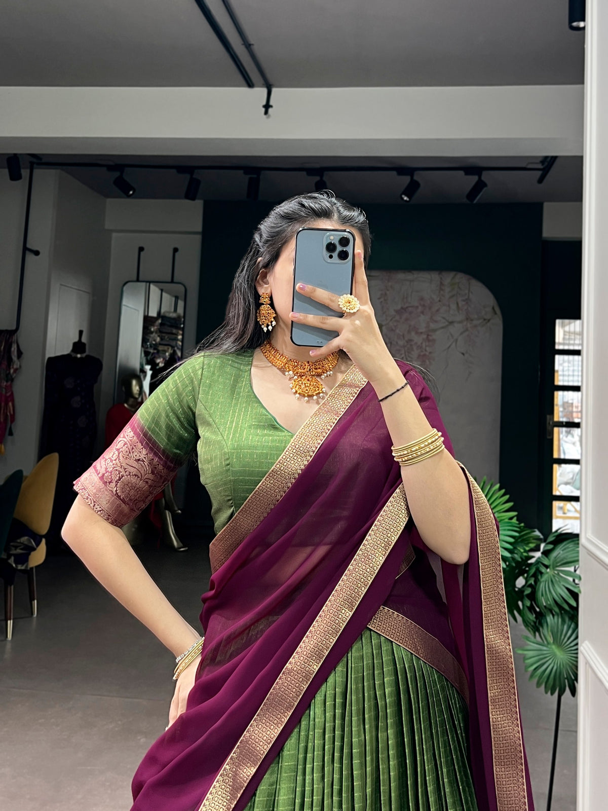 Mehendi Green & Wine Dola Chex Silk Lehenga Choli Set With Zari Weaving Work