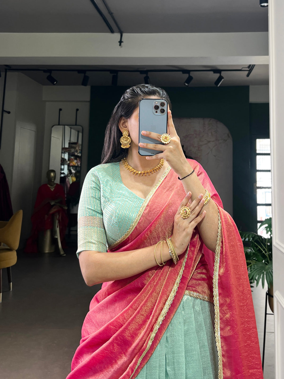 Sea Green & Coral Pink Dupion Silk Lehenga Choli Set With Zari Weaving Work