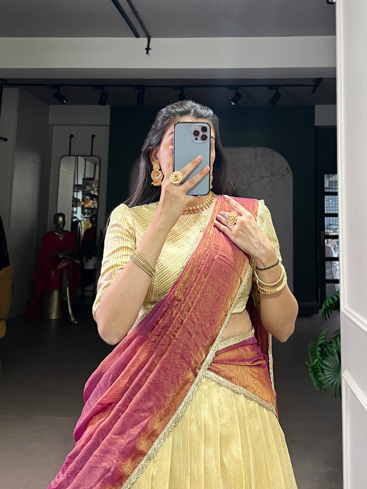 Cream Gold & Rose Pink Dupion Silk Lehenga Choli Set With Zari Weaving Work