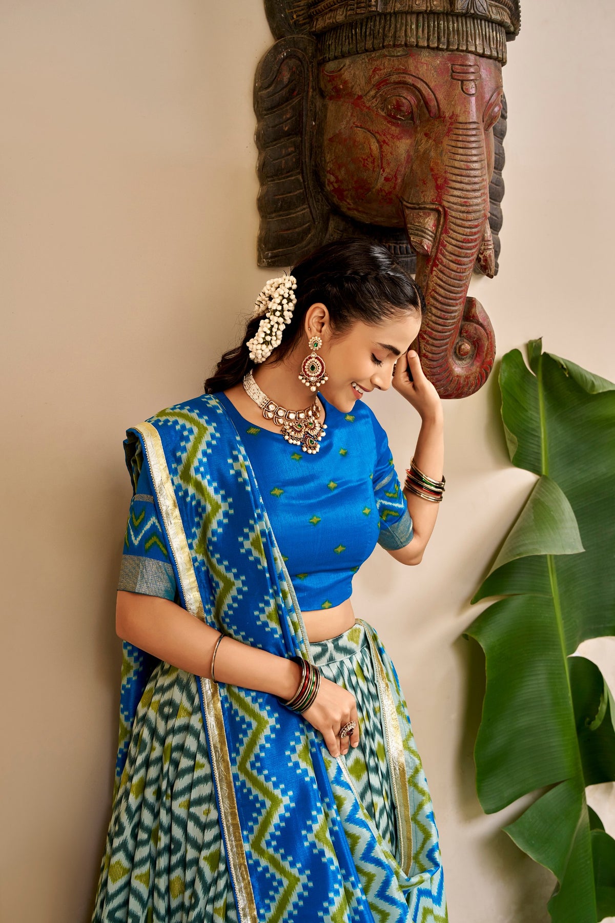 Peacock Blue & Grey Patola Ikat Printed Tasar Silk Lehenga Choli With Canvas Attached & Dupatta