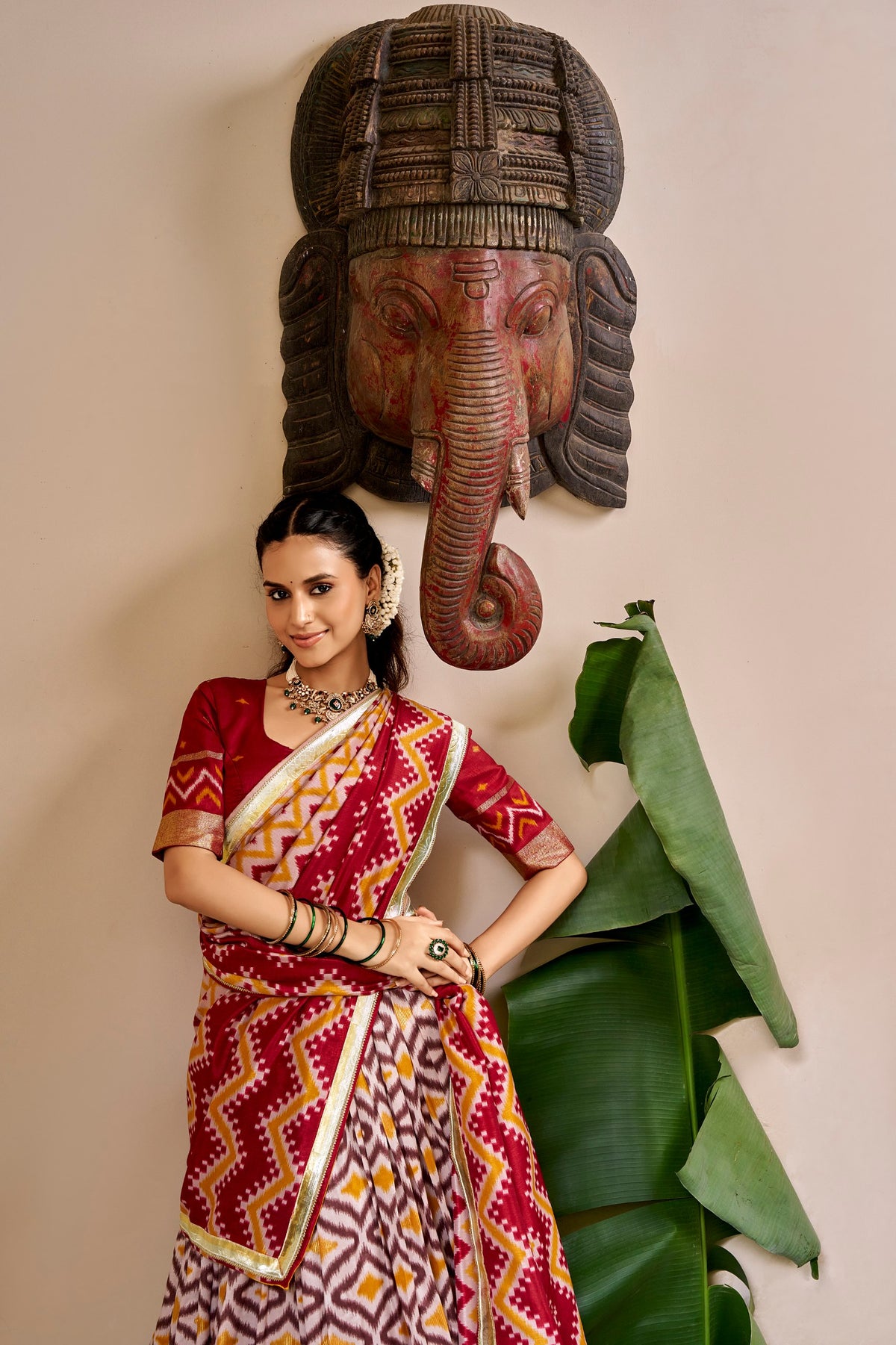 Maroon & Off-White Patola Ikat Printed Tasar Silk Lehenga Choli With Canvas Attached & Dupatta