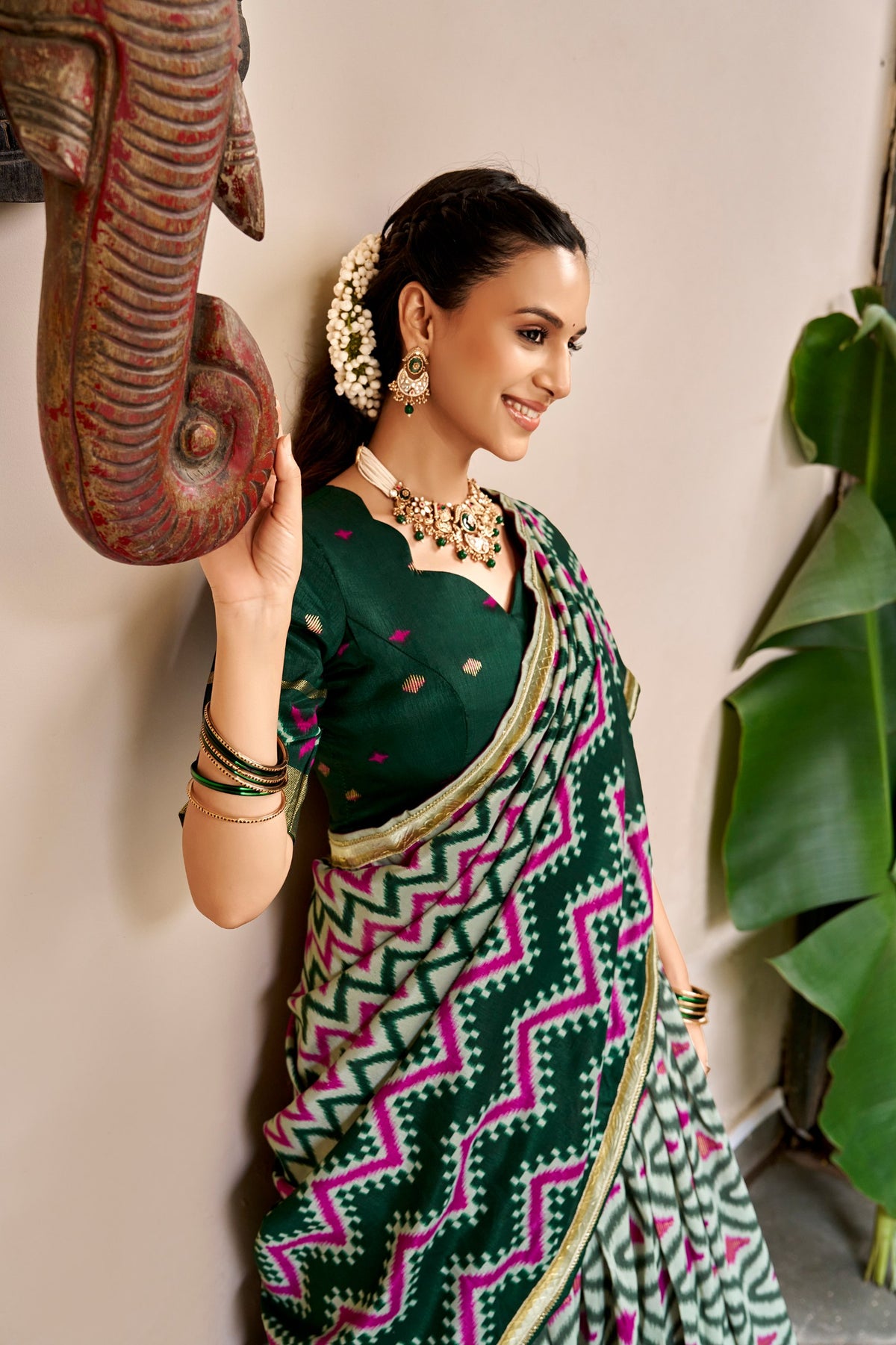 Bottle Green & Grey Patola Ikat Printed Tasar Silk Lehenga Choli With Canvas Attached & Dupatta