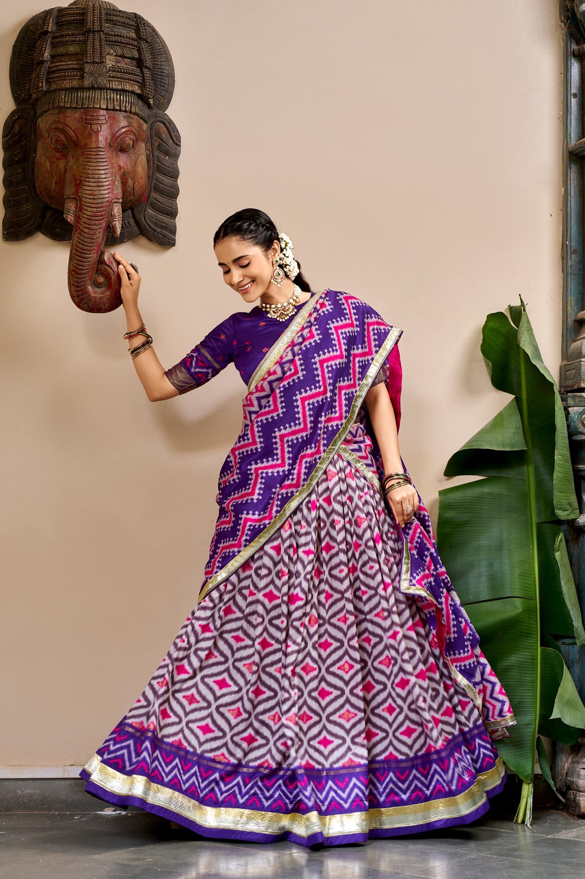 Purple & Grey Patola Ikat Printed Tasar Silk Lehenga Choli With Canvas Attached & Dupatta